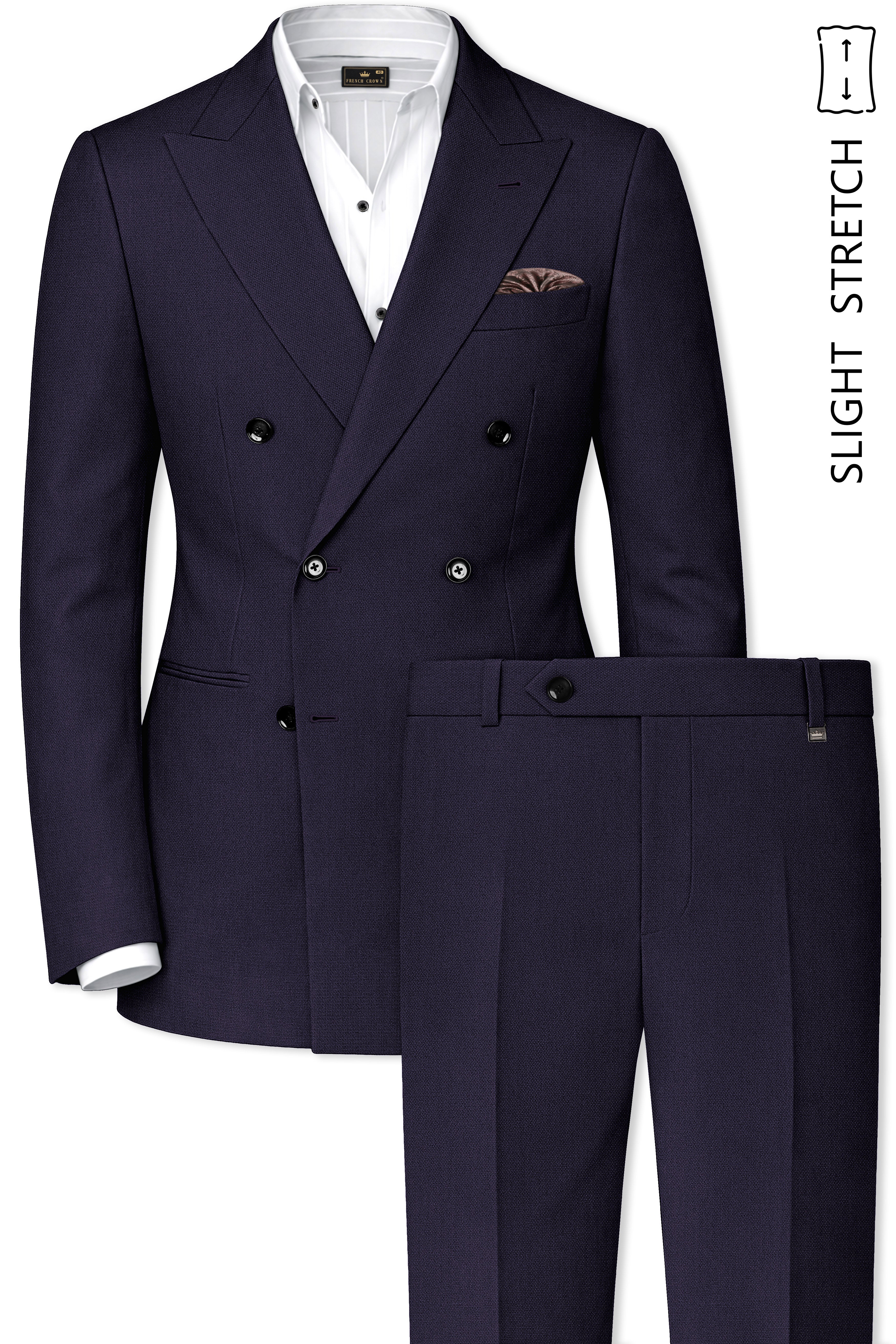 Vesper-Bastille Purple Diamond Textured Wool Rich Slight Stretch Double Breasted Suit