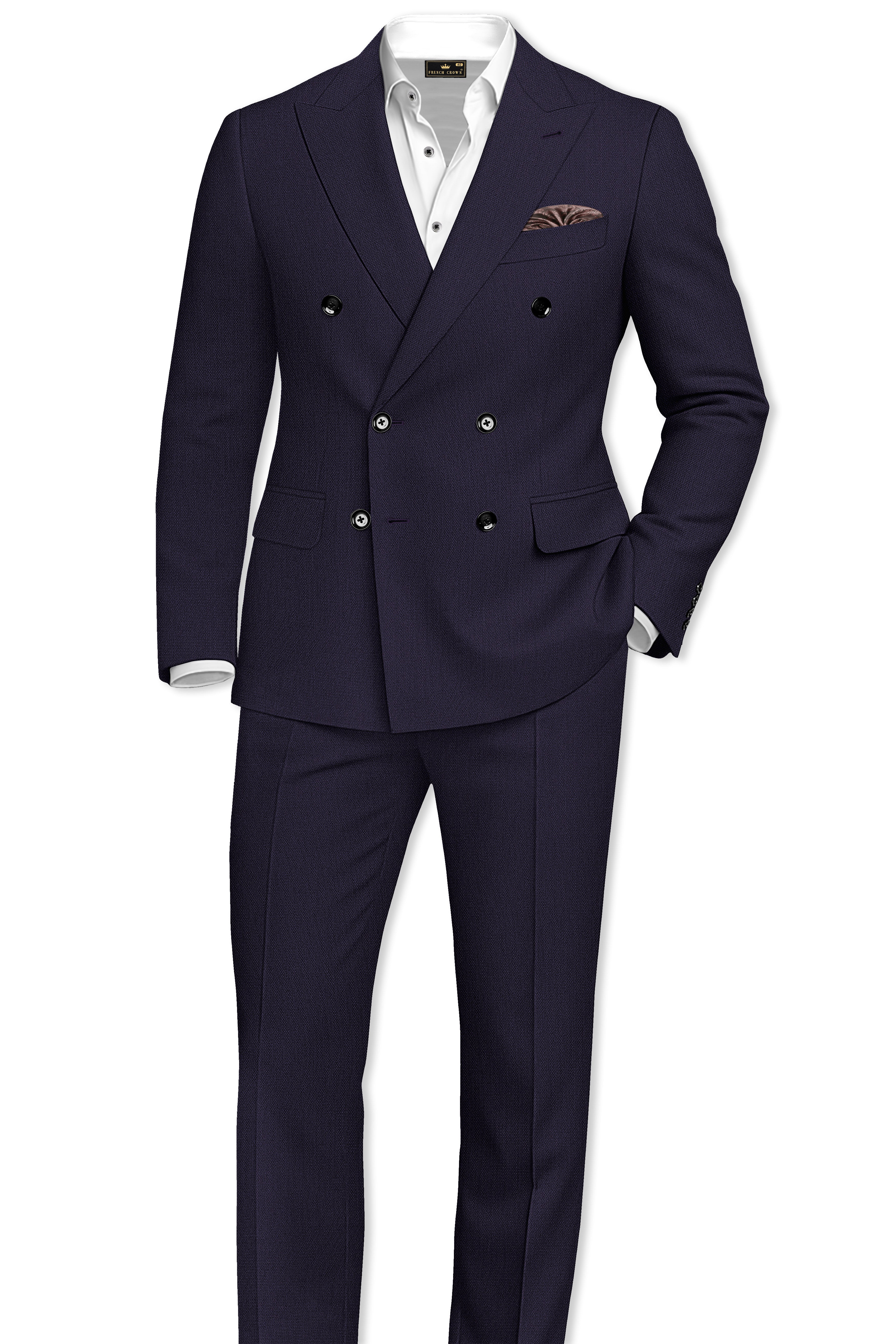 Vesper-Bastille Purple Diamond Textured Wool Rich Slight Stretch Double Breasted Suit