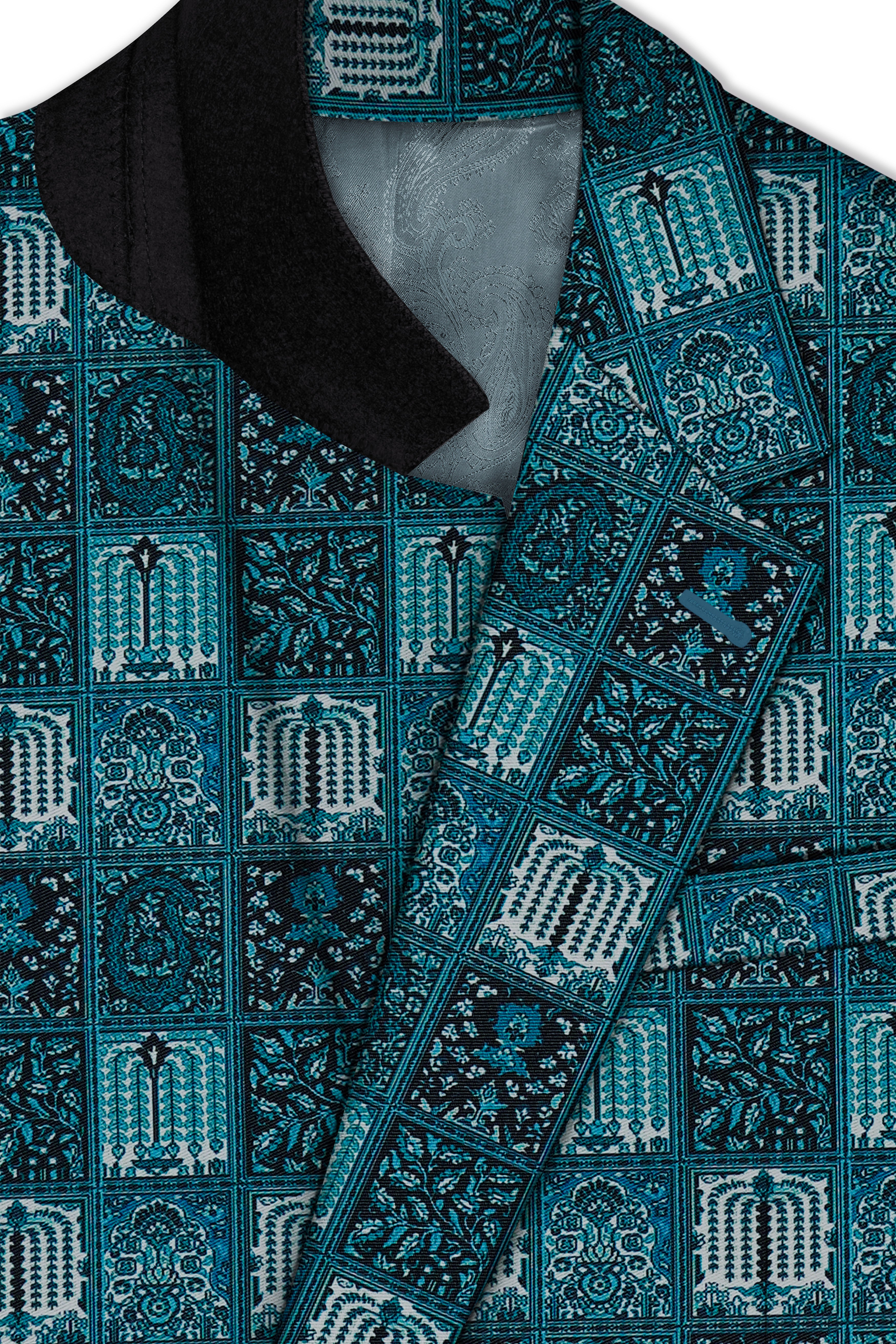 Zenith-Astronaut Blue Geometric Mosaic Printed Wool Rich Single Breasted Suit