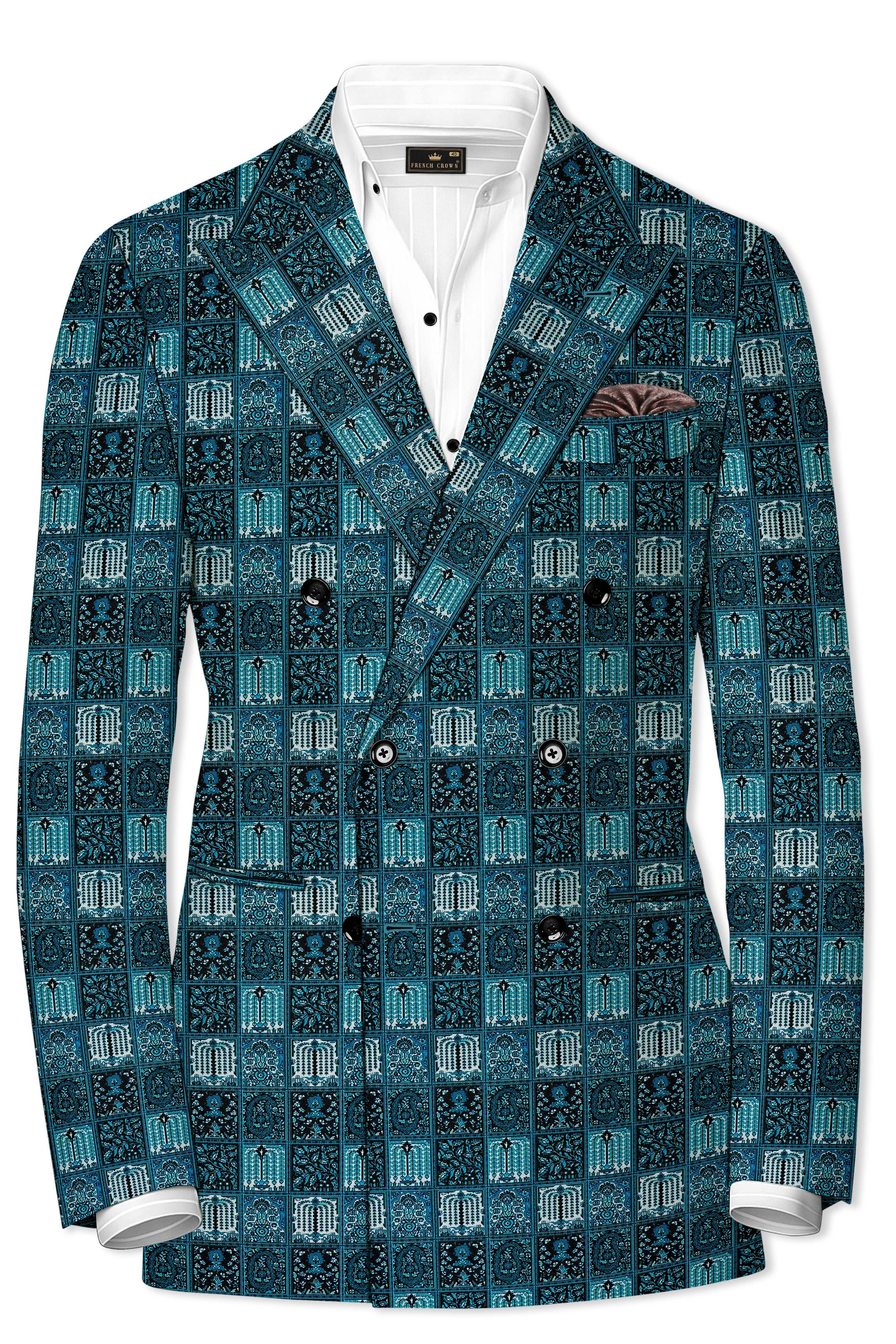 Zenith-Astronaut Blue Geometric Mosaic Printed Wool Rich Double Breasted Suit