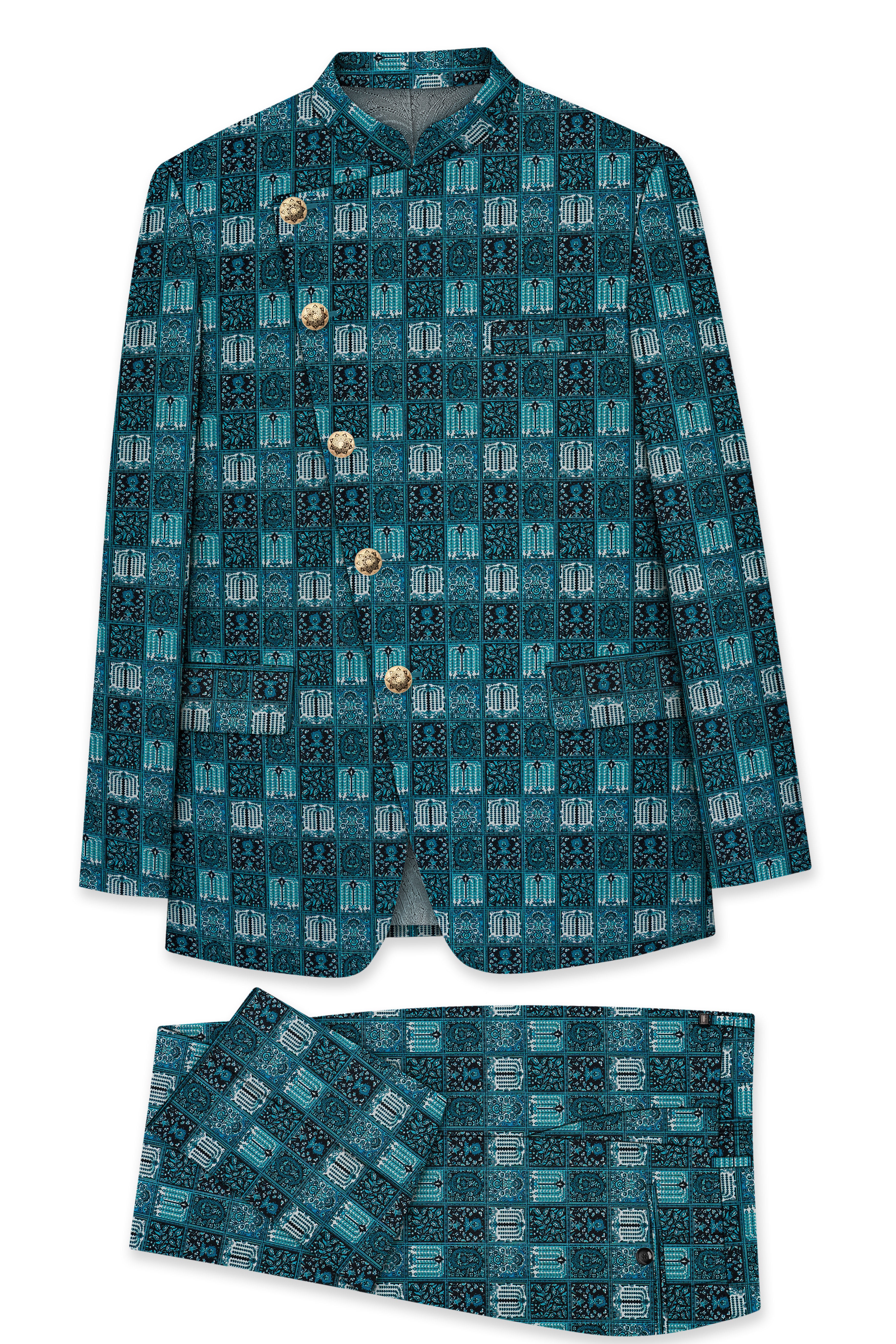 Zenith-Astronaut Blue Geometric Mosaic Printed Wool Rich Slight Stretch Cross Placket Bandhgala Suit