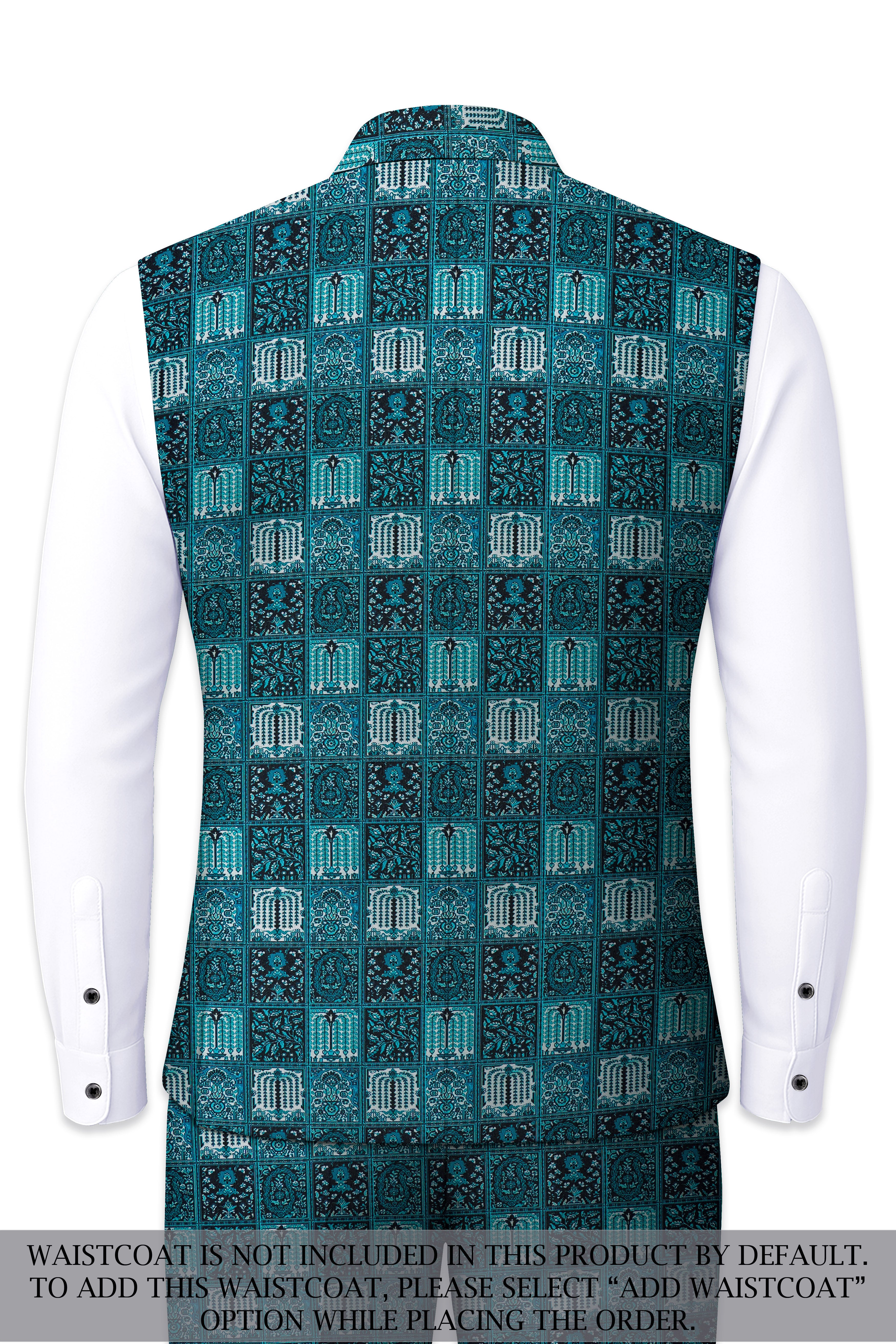 Zenith-Astronaut Blue Geometric Mosaic Printed Wool Rich Slight Stretch Cross Placket Bandhgala Suit