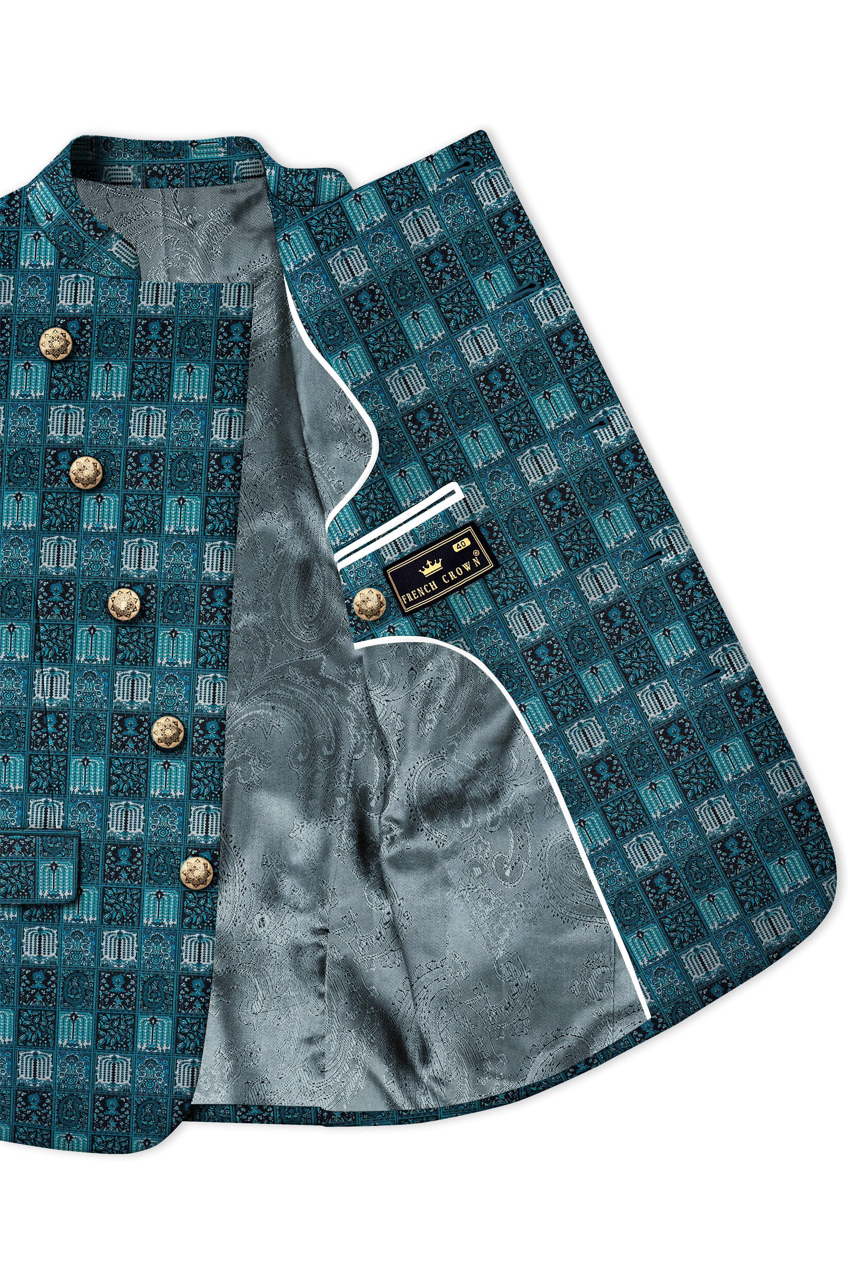 Zenith-Astronaut Blue Geometric Mosaic Printed Wool Rich Slight Stretch Cross Placket Bandhgala Suit