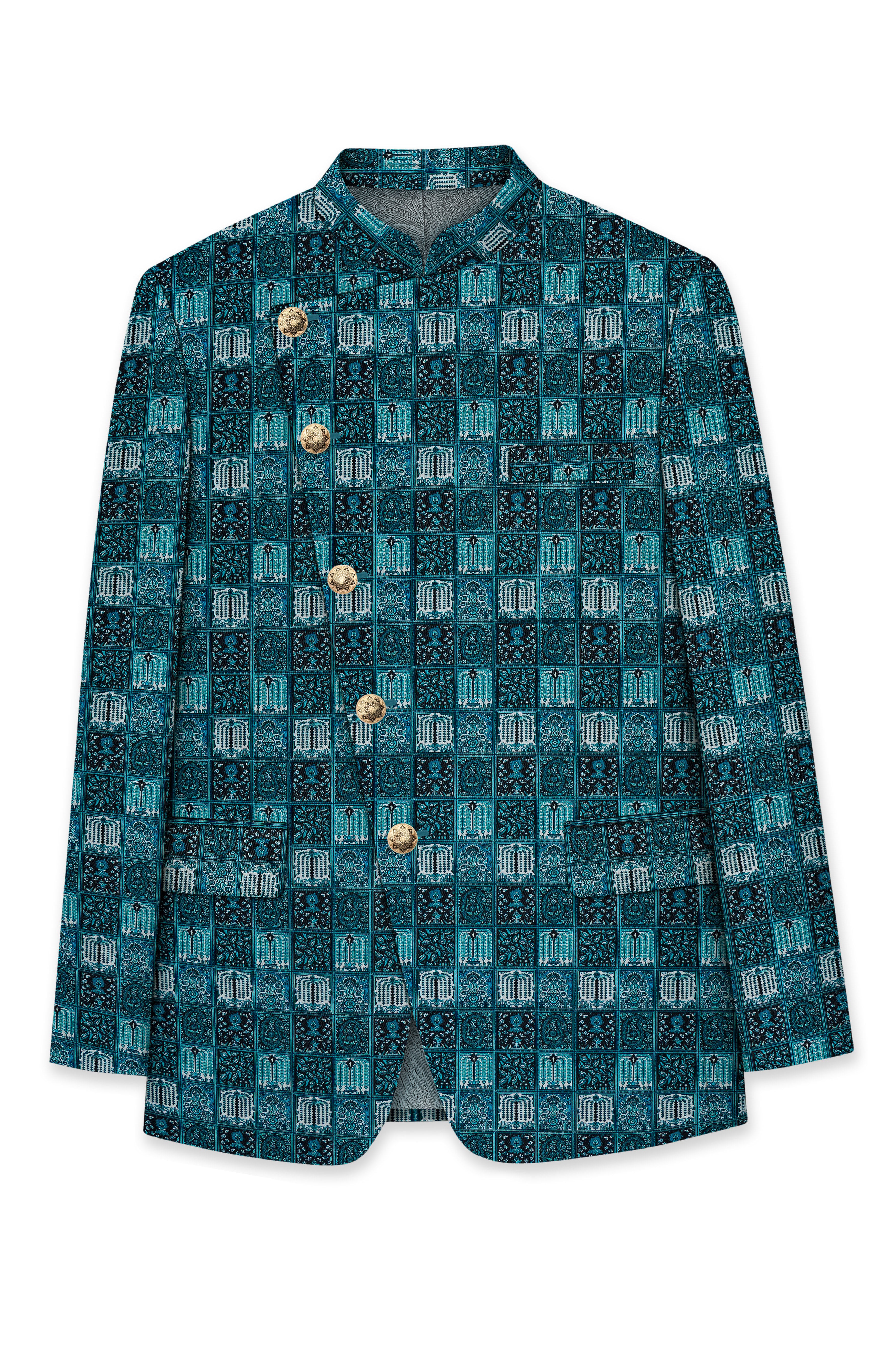 Zenith-Astronaut Blue Geometric Mosaic Printed Wool Rich Slight Stretch Cross Placket Bandhgala Suit