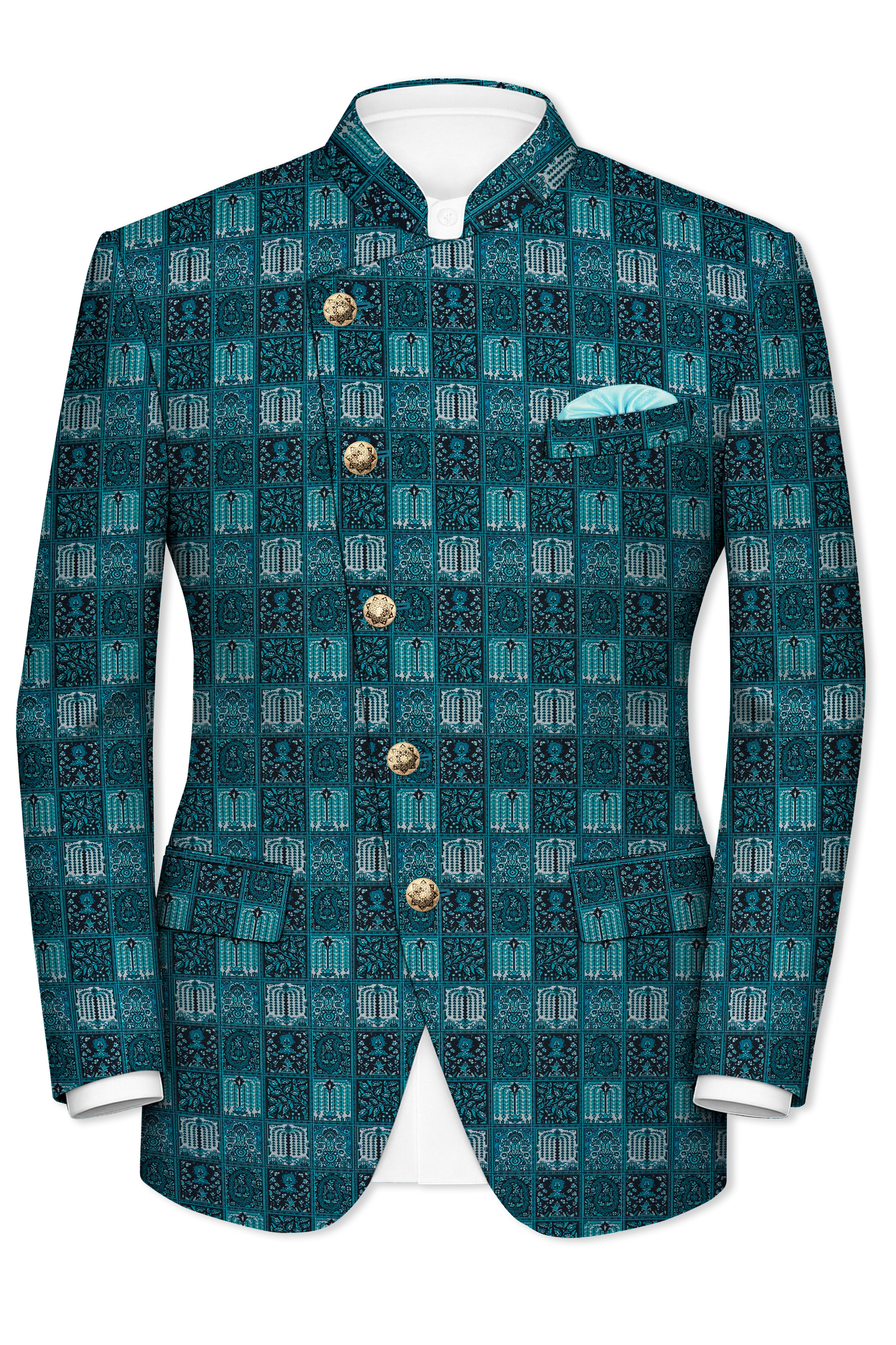 Zenith-Astronaut Blue Geometric Mosaic Printed Wool Rich Slight Stretch Cross Placket Bandhgala Suit