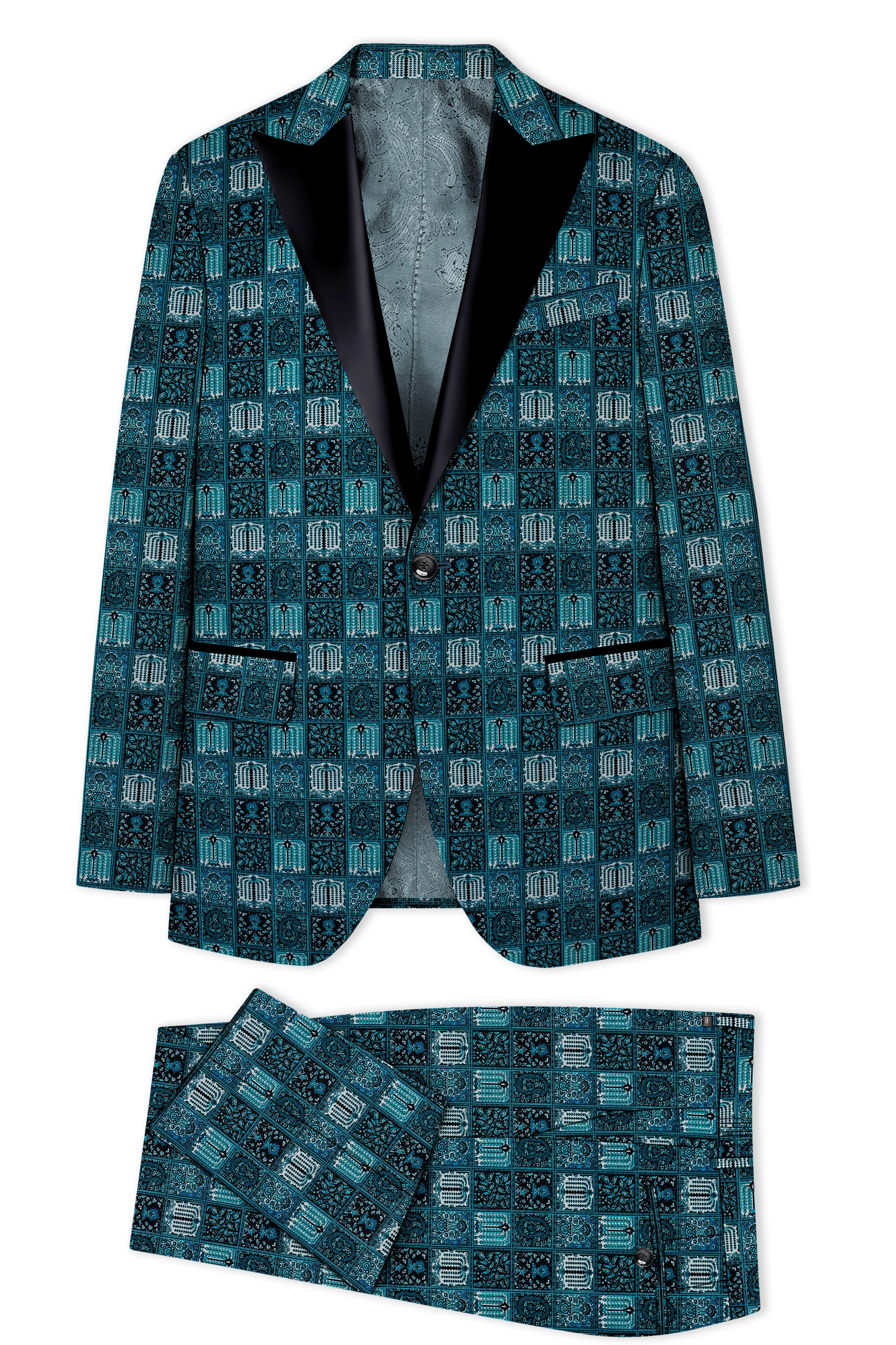 Zenith-Astronaut Blue Geometric Mosaic Printed Wool Rich Peak Lapel Tuxedo Suit