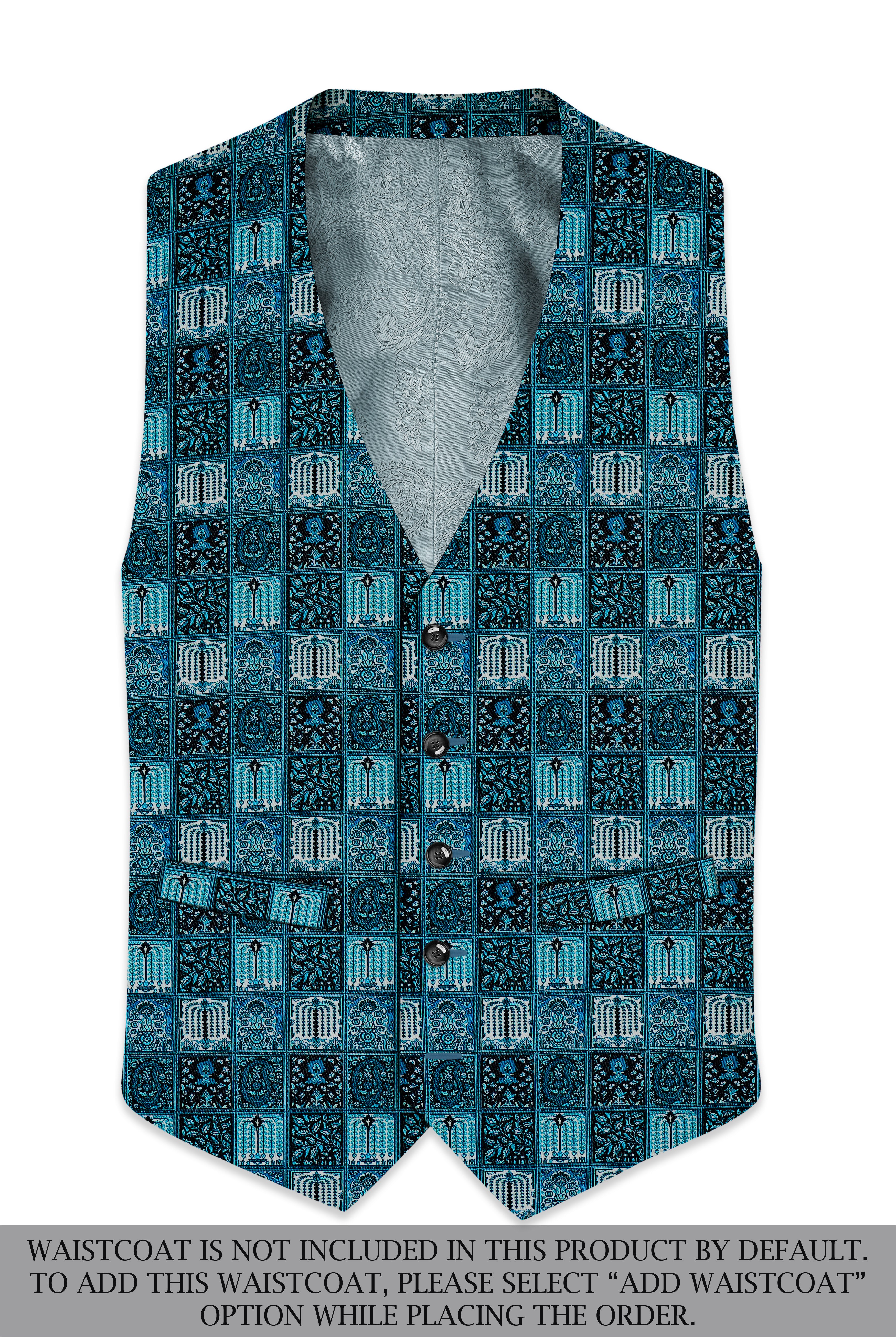 Zenith-Astronaut Blue Geometric Mosaic Printed Wool Rich Peak Lapel Tuxedo Suit