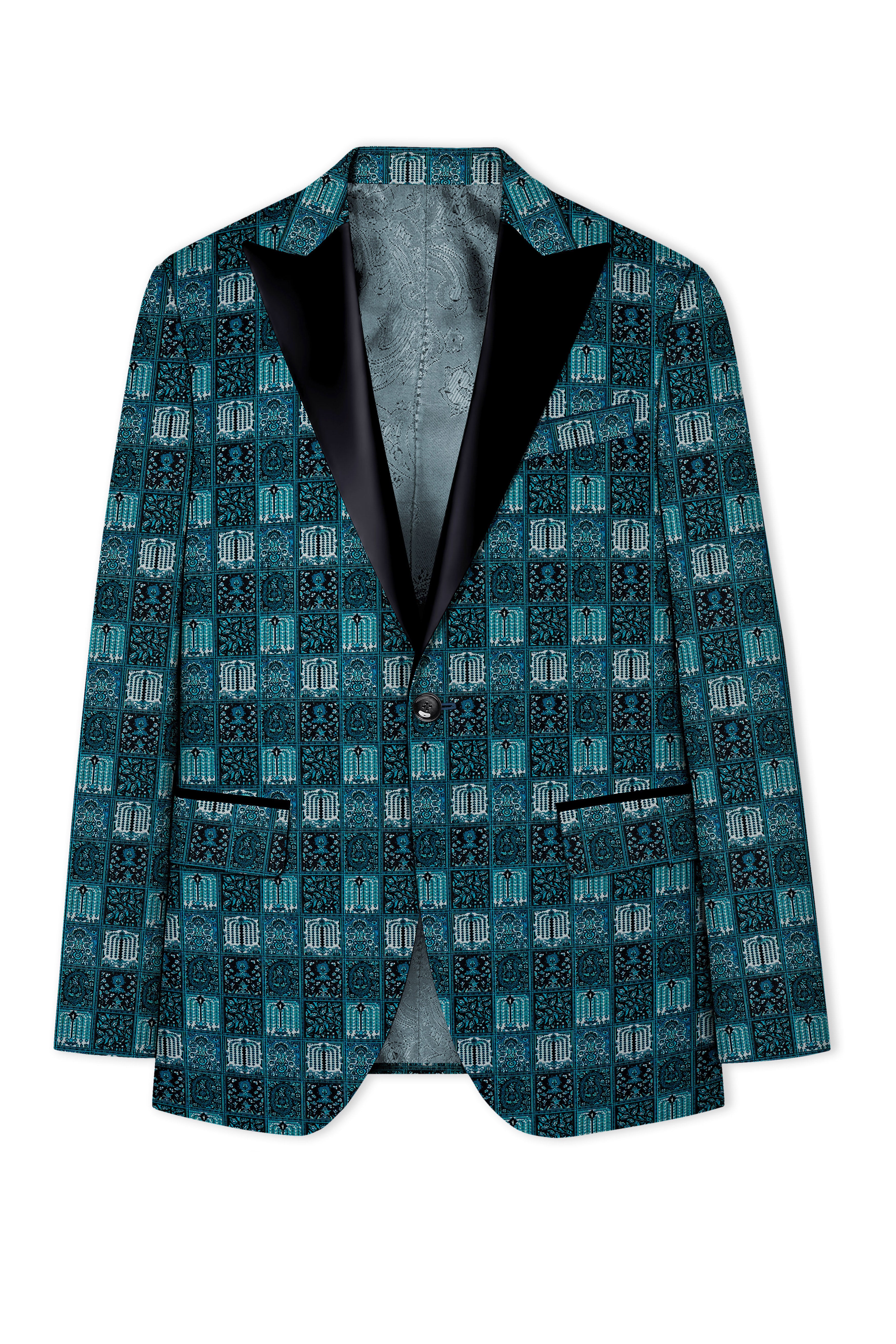 Zenith-Astronaut Blue Geometric Mosaic Printed Wool Rich Peak Lapel Tuxedo Suit