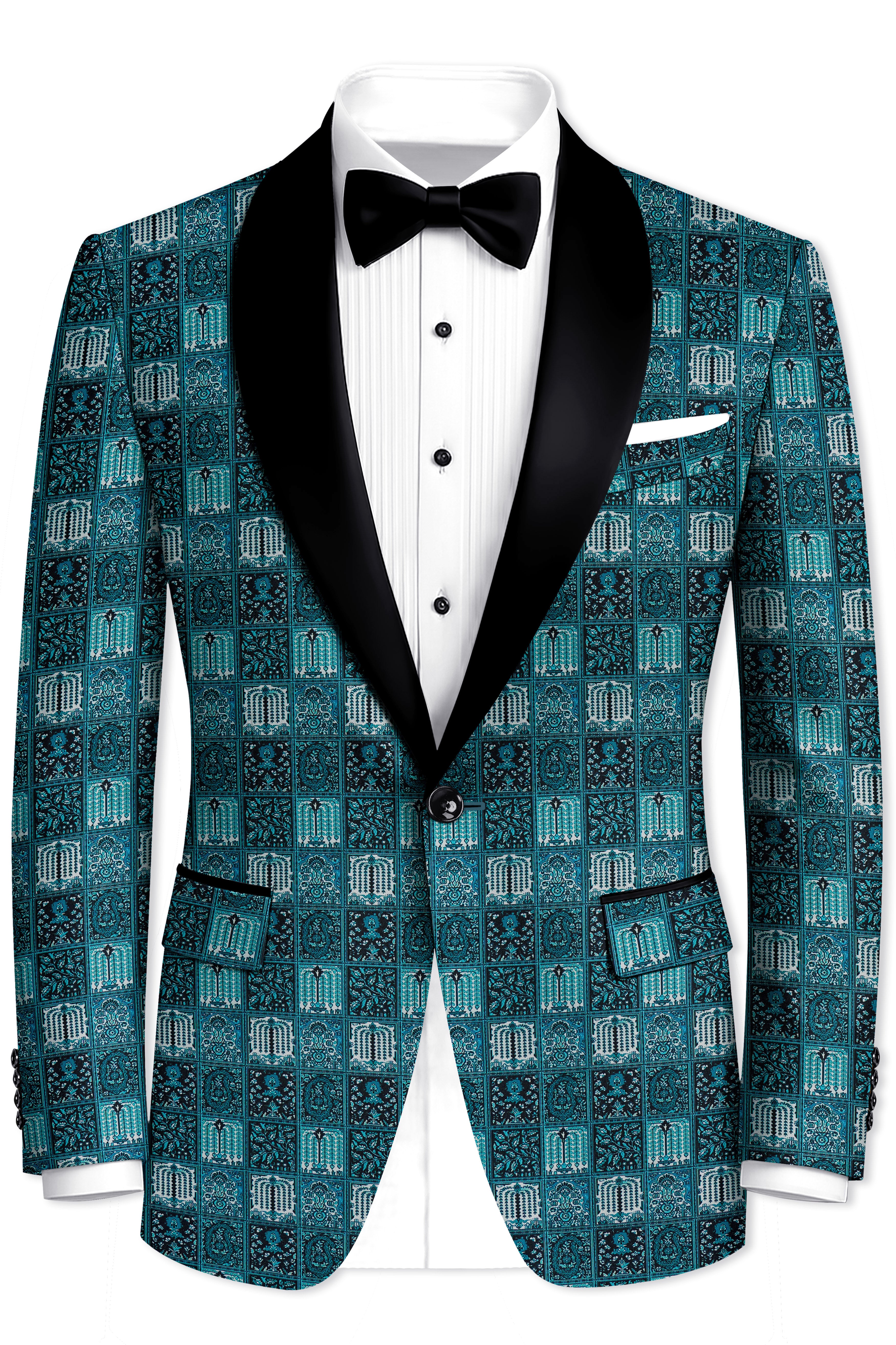 Zenith-Astronaut Blue Geometric Mosaic Printed Wool Rich Tuxedo Suit