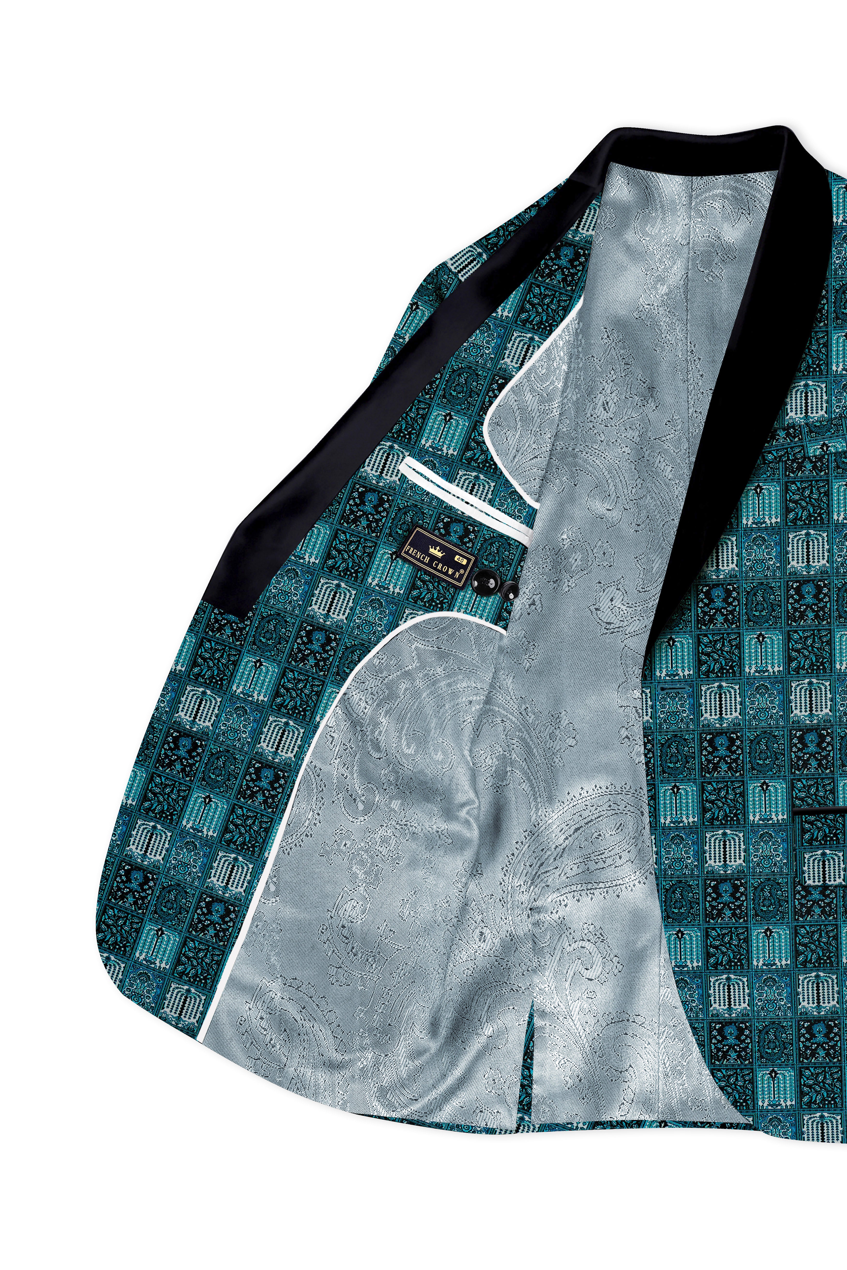 Zenith-Astronaut Blue Geometric Mosaic Printed Wool Rich Tuxedo Suit