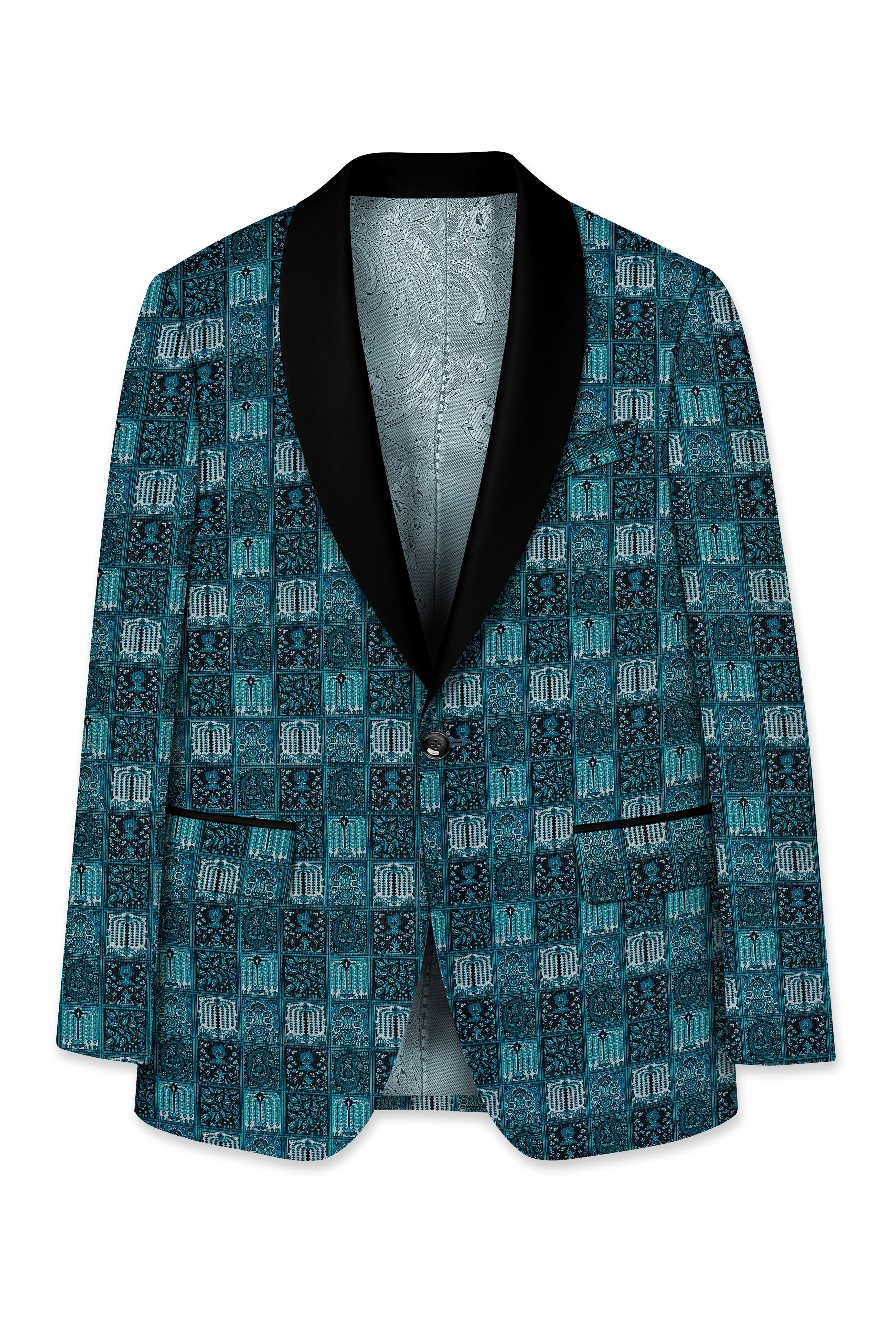 Zenith-Astronaut Blue Geometric Mosaic Printed Wool Rich Tuxedo Suit