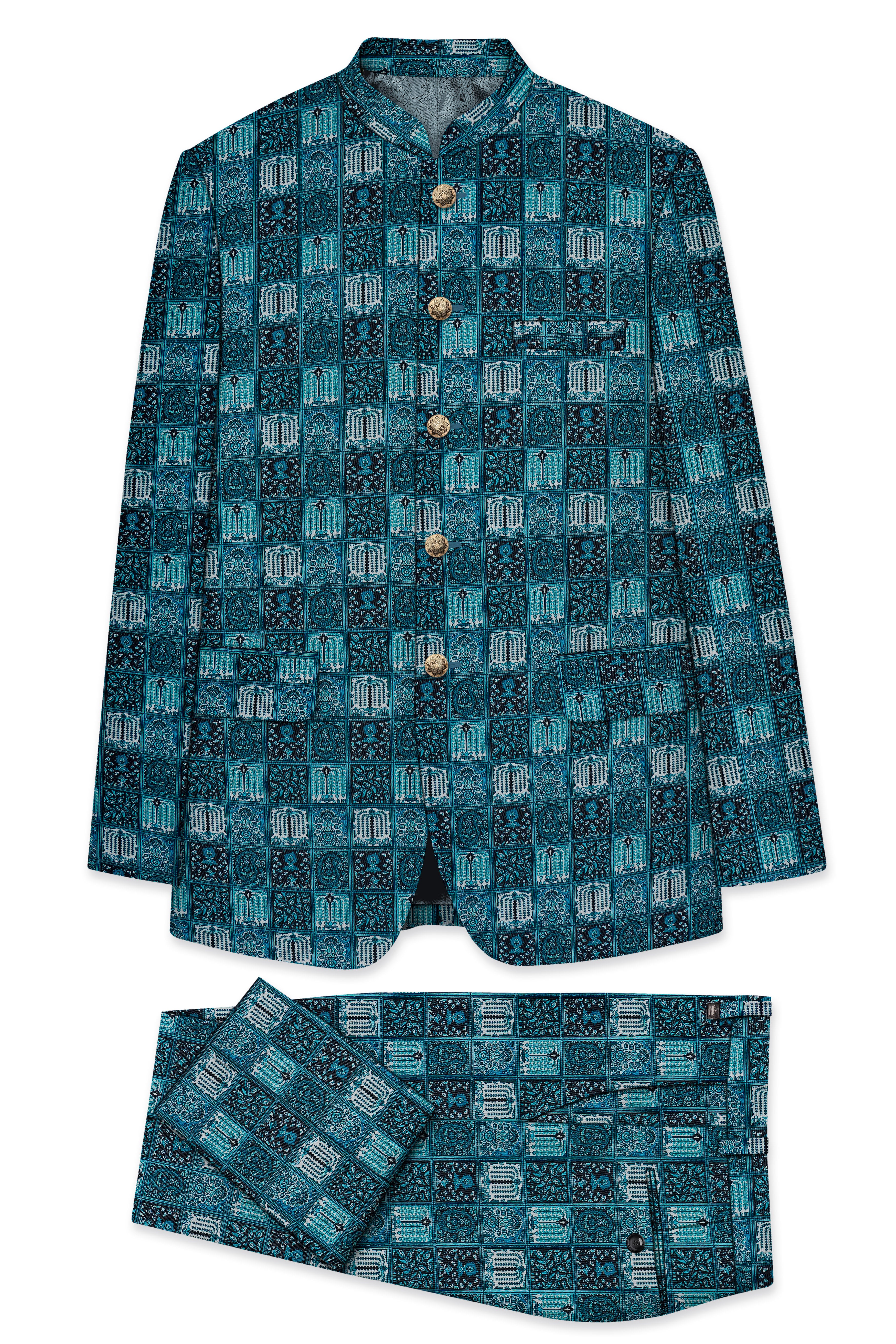 Zenith-Astronaut Blue Geometric Mosaic Printed Wool Rich Bandhgala Suit