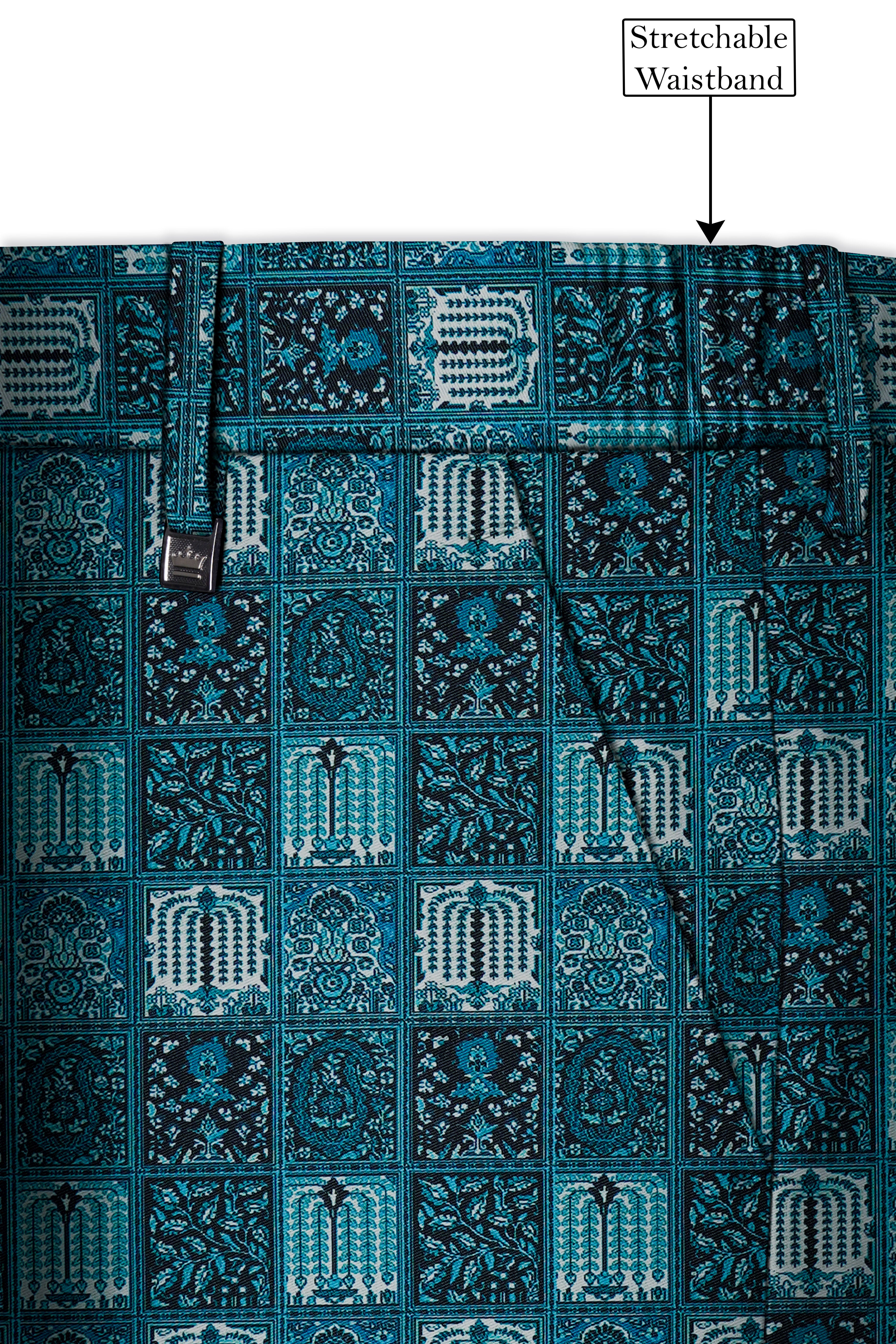 Zenith-Astronaut Blue Geometric Mosaic Printed Wool Rich Bandhgala Suit