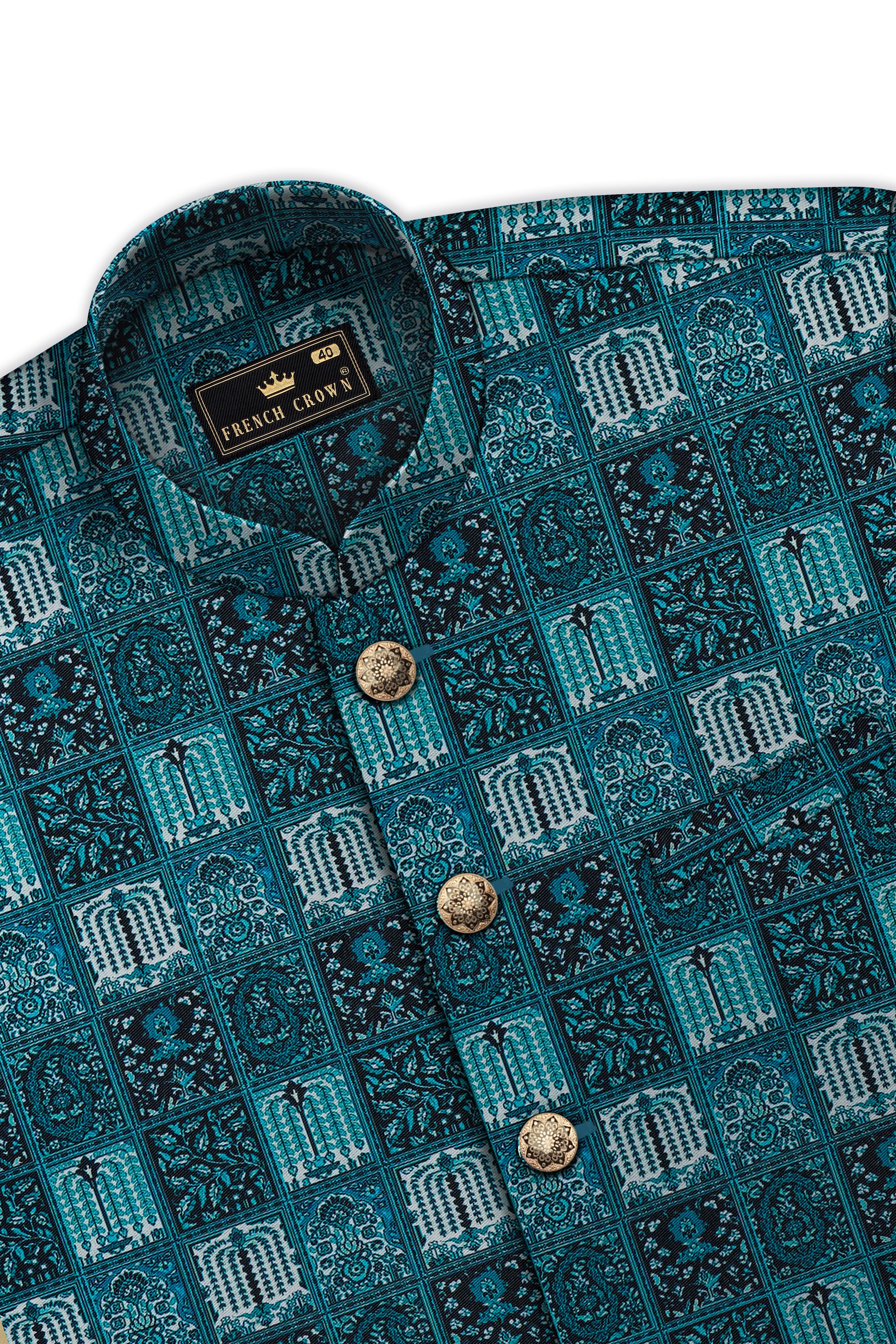 Zenith-Astronaut Blue Geometric Mosaic Printed Wool Rich Bandhgala Suit