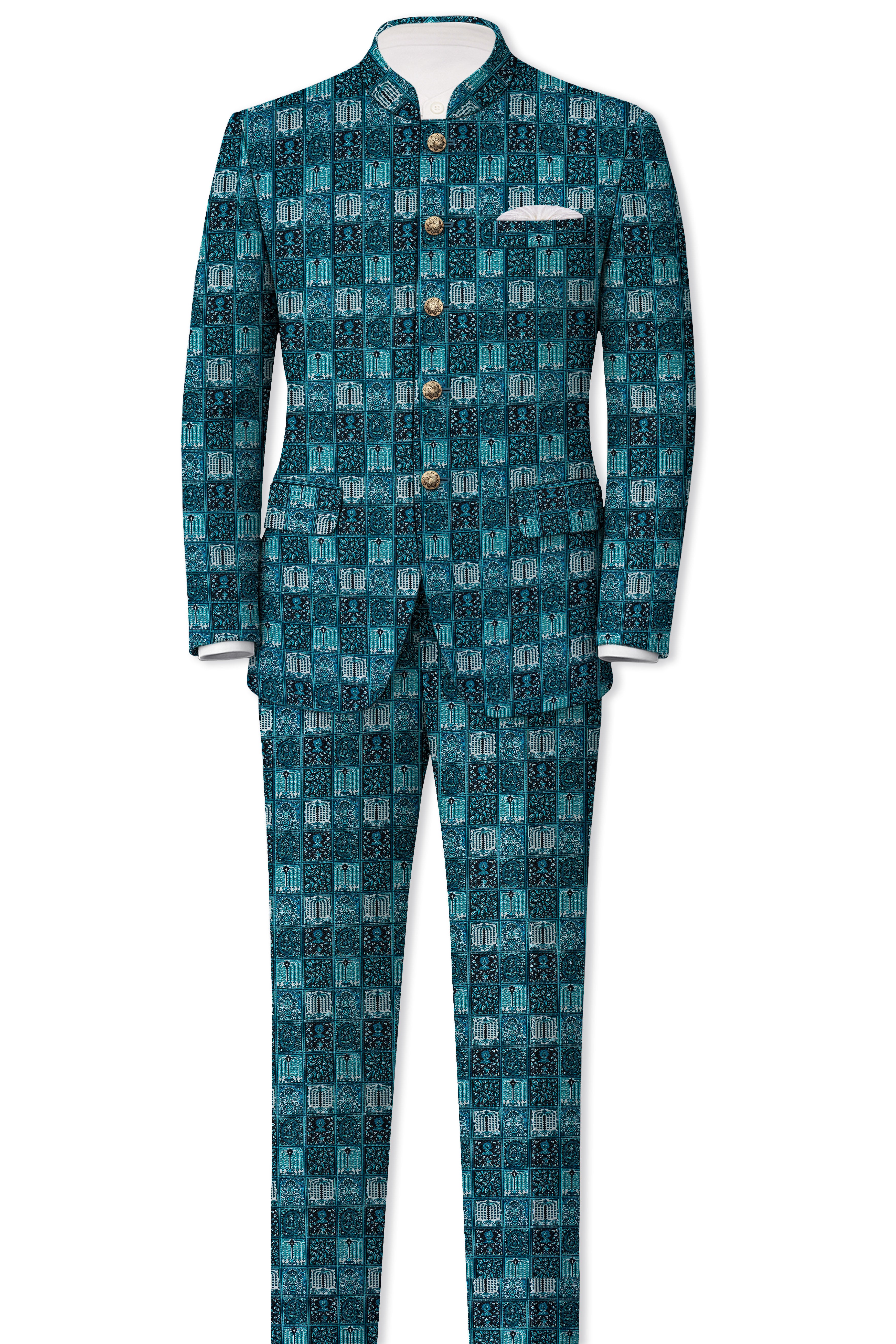 Zenith-Astronaut Blue Geometric Mosaic Printed Wool Rich Bandhgala Suit