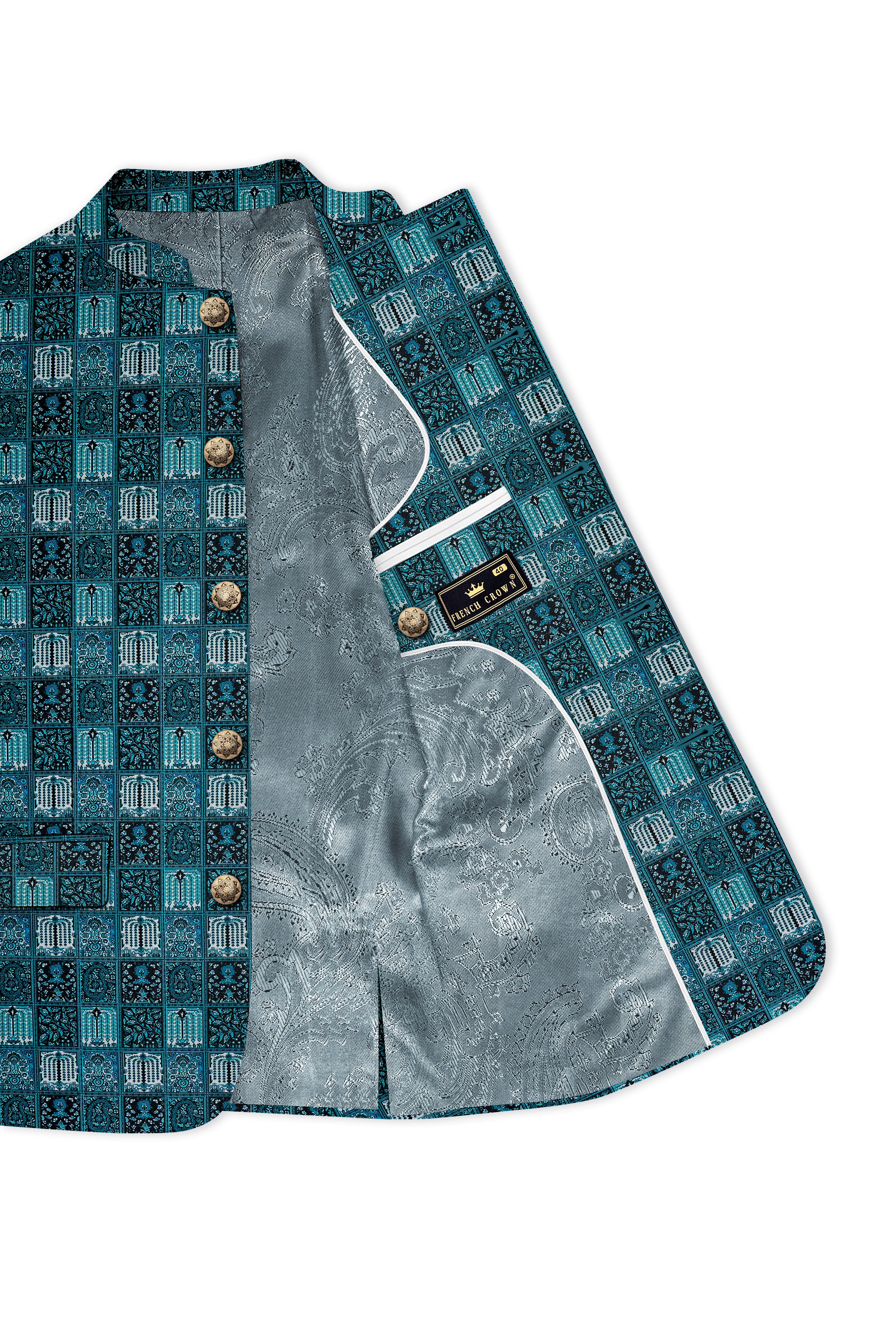Zenith-Astronaut Blue Geometric Mosaic Printed Wool Rich Bandhgala Suit