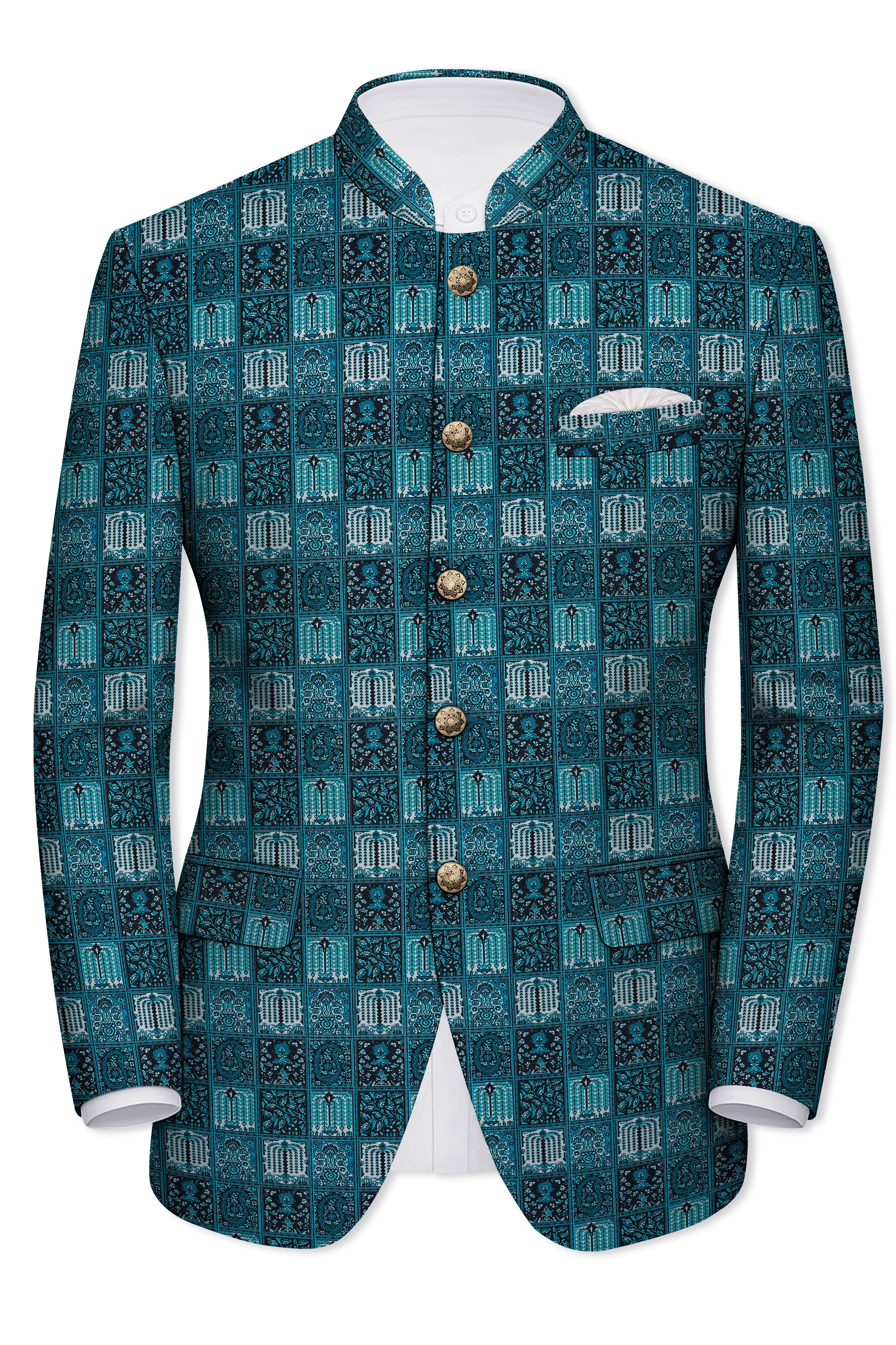 Zenith-Astronaut Blue Geometric Mosaic Printed Wool Rich Bandhgala Suit