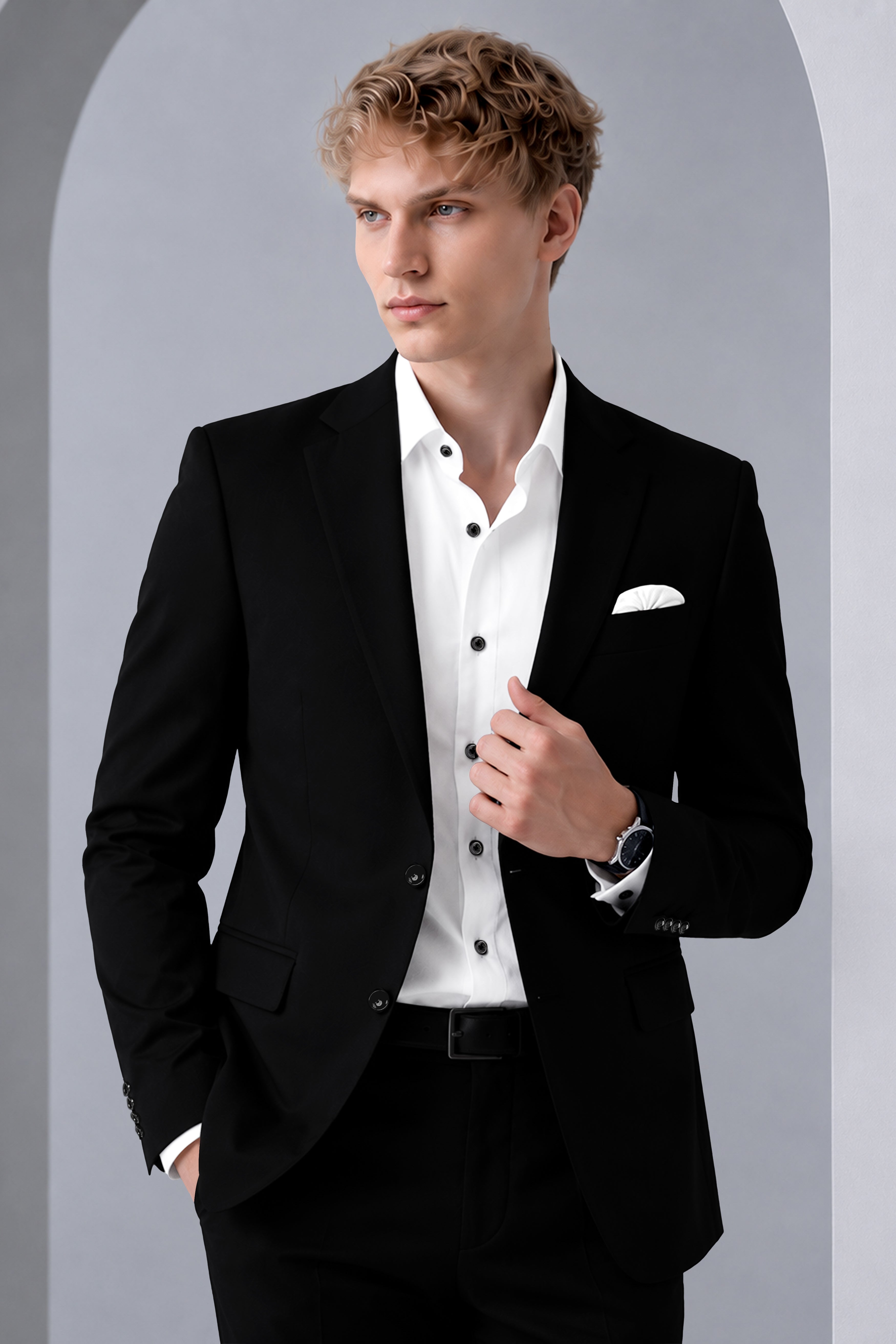 Noir-Jade Black Wool Rich Slight Stretch Single Breasted Suit