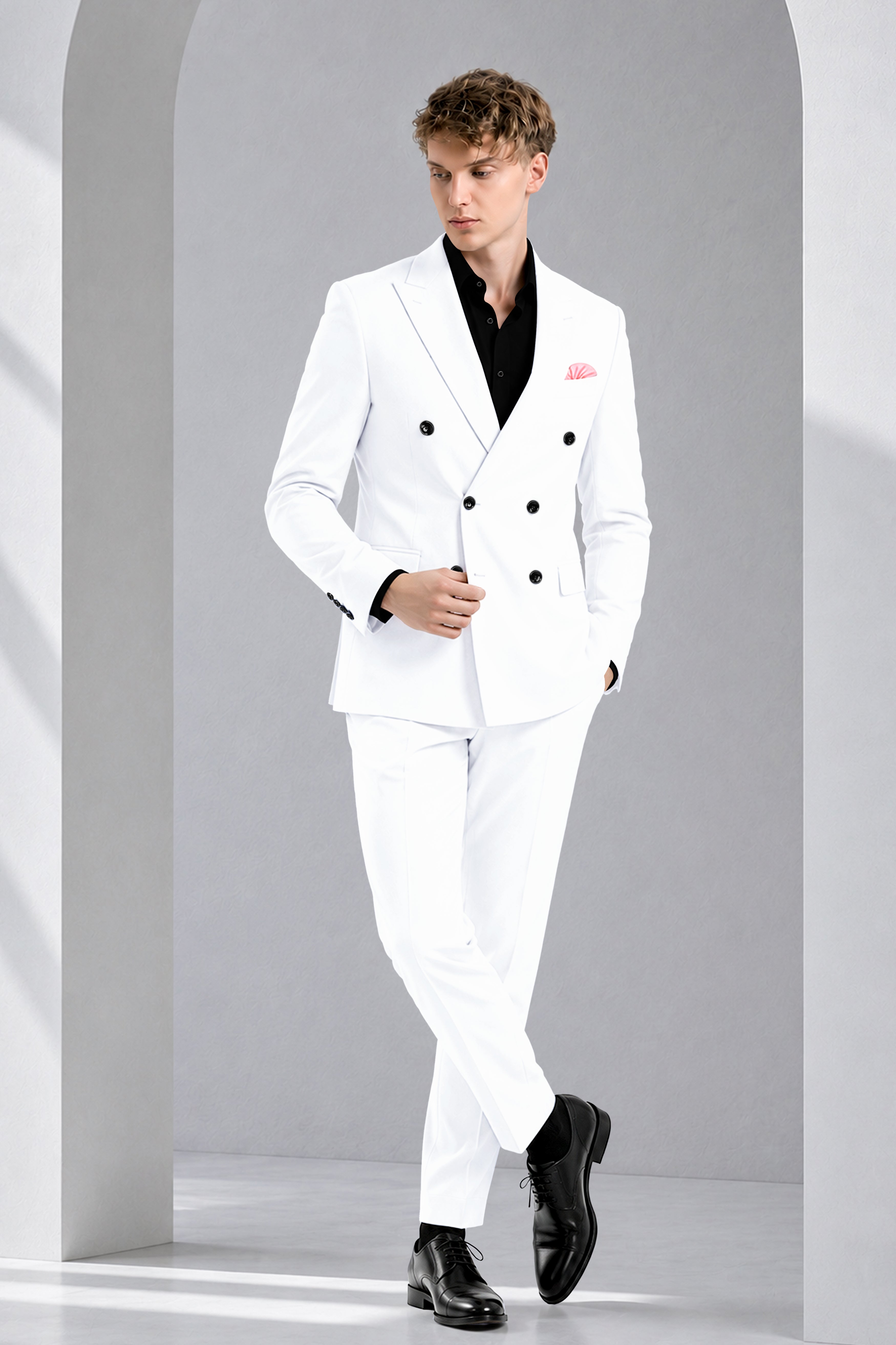 Ivory-Bright White Wool Rich Slight Stretch Double Breasted Suit