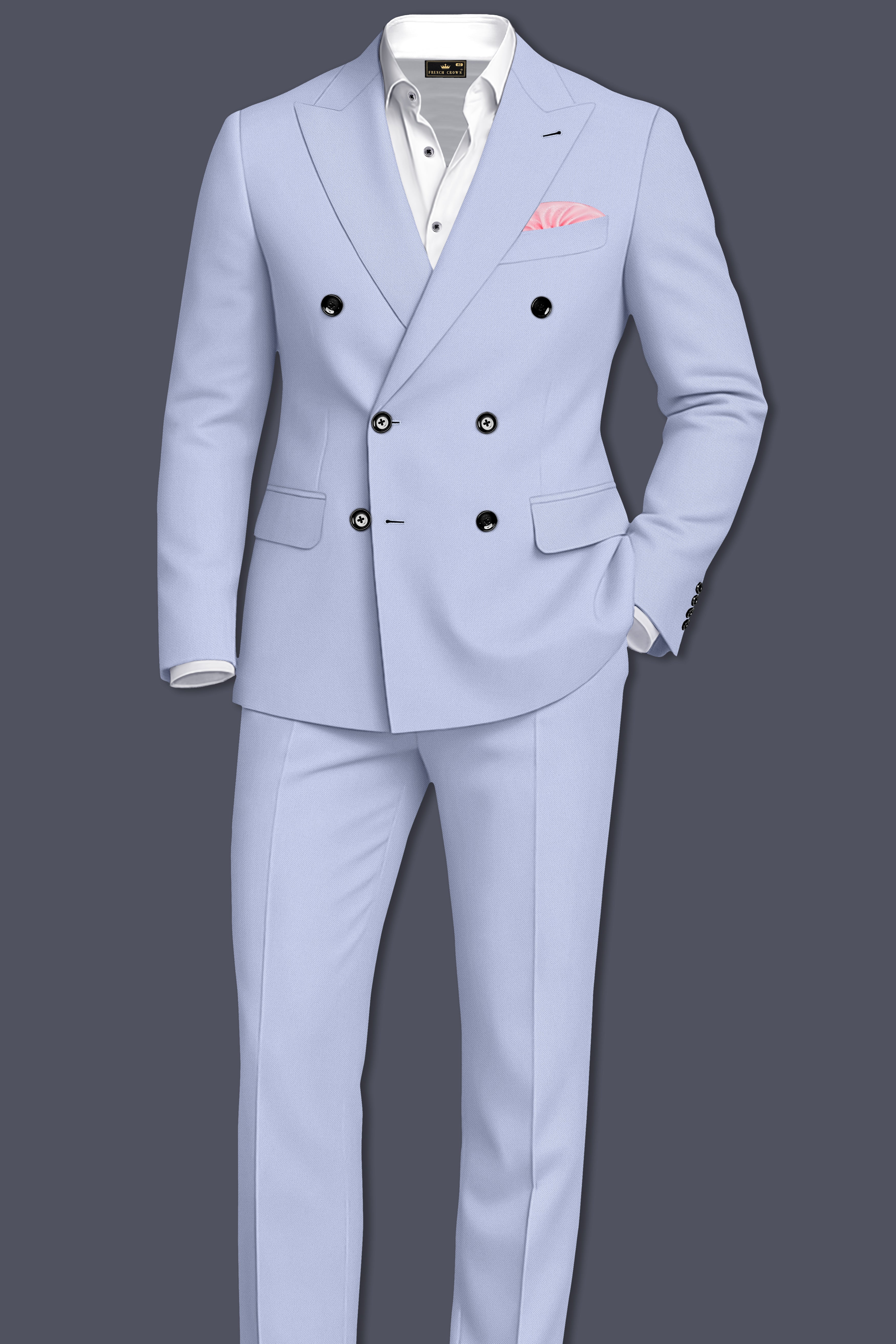 Azure-Periwinkle Blue Wool Rich Slight Stretch Double Breasted Suit