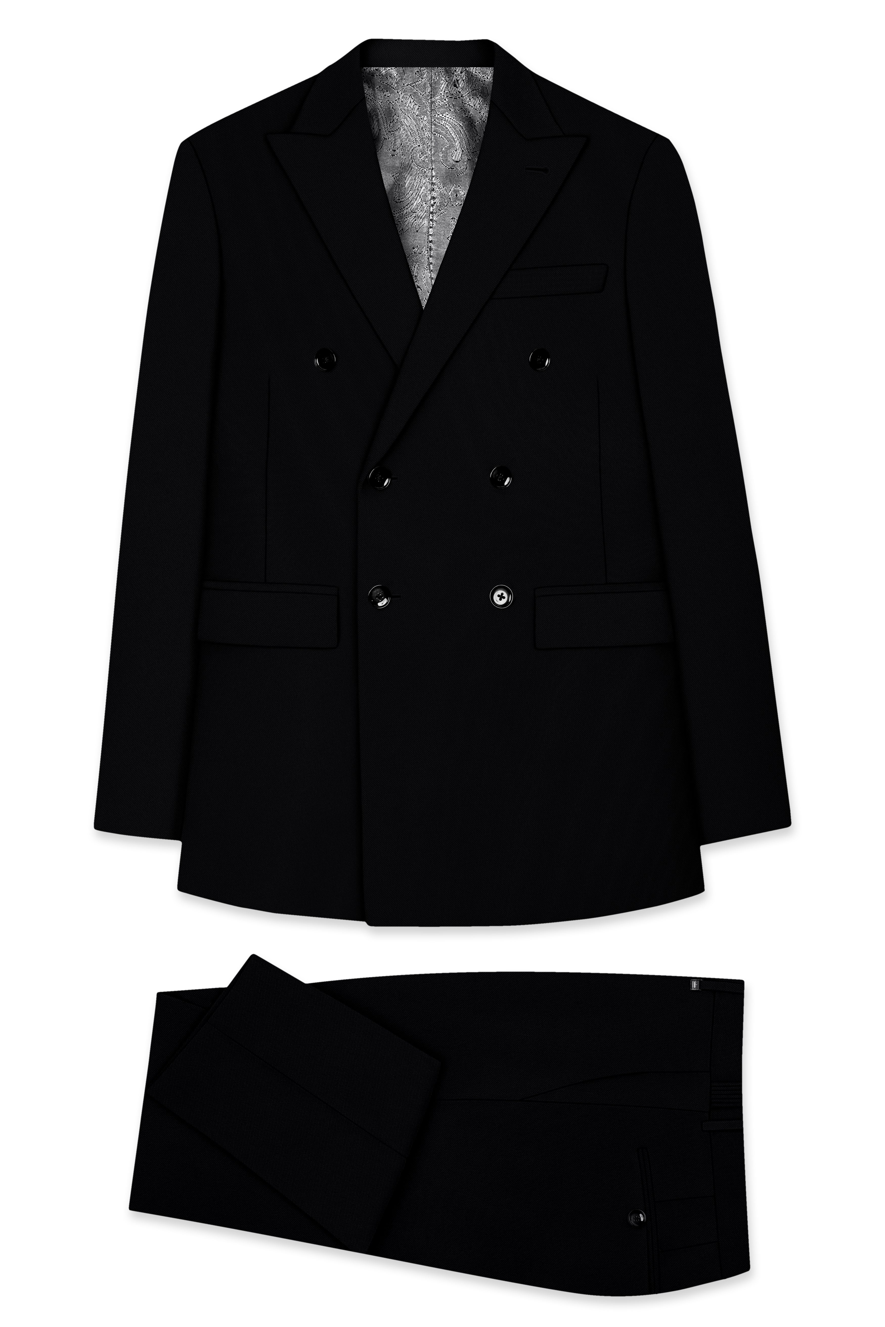 Noir-Jade Black Wool Rich Slight Stretch Double Breasted Suit