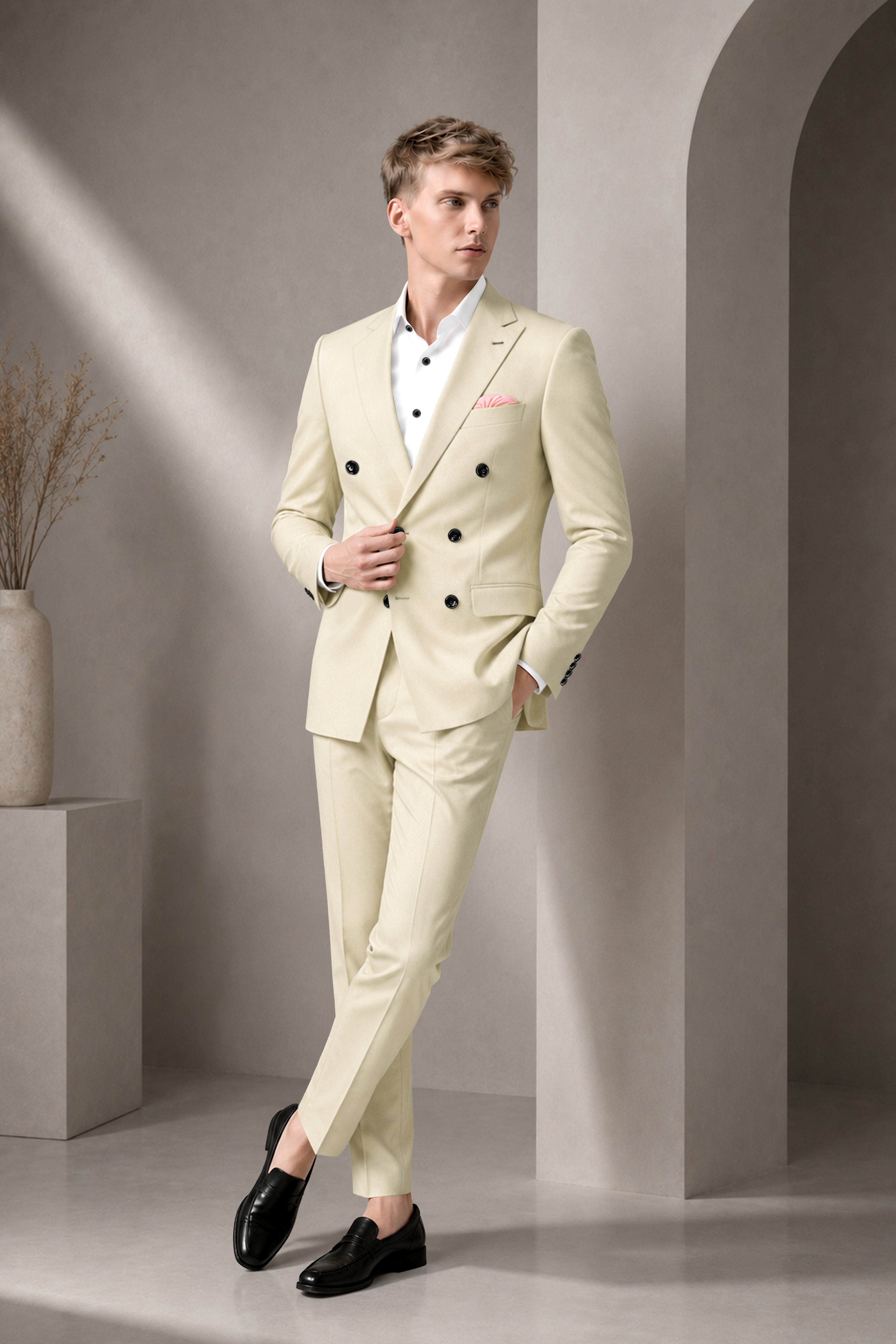 Ivora-Almond Cream Wool Rich Slight Stretch Double Breasted Suit