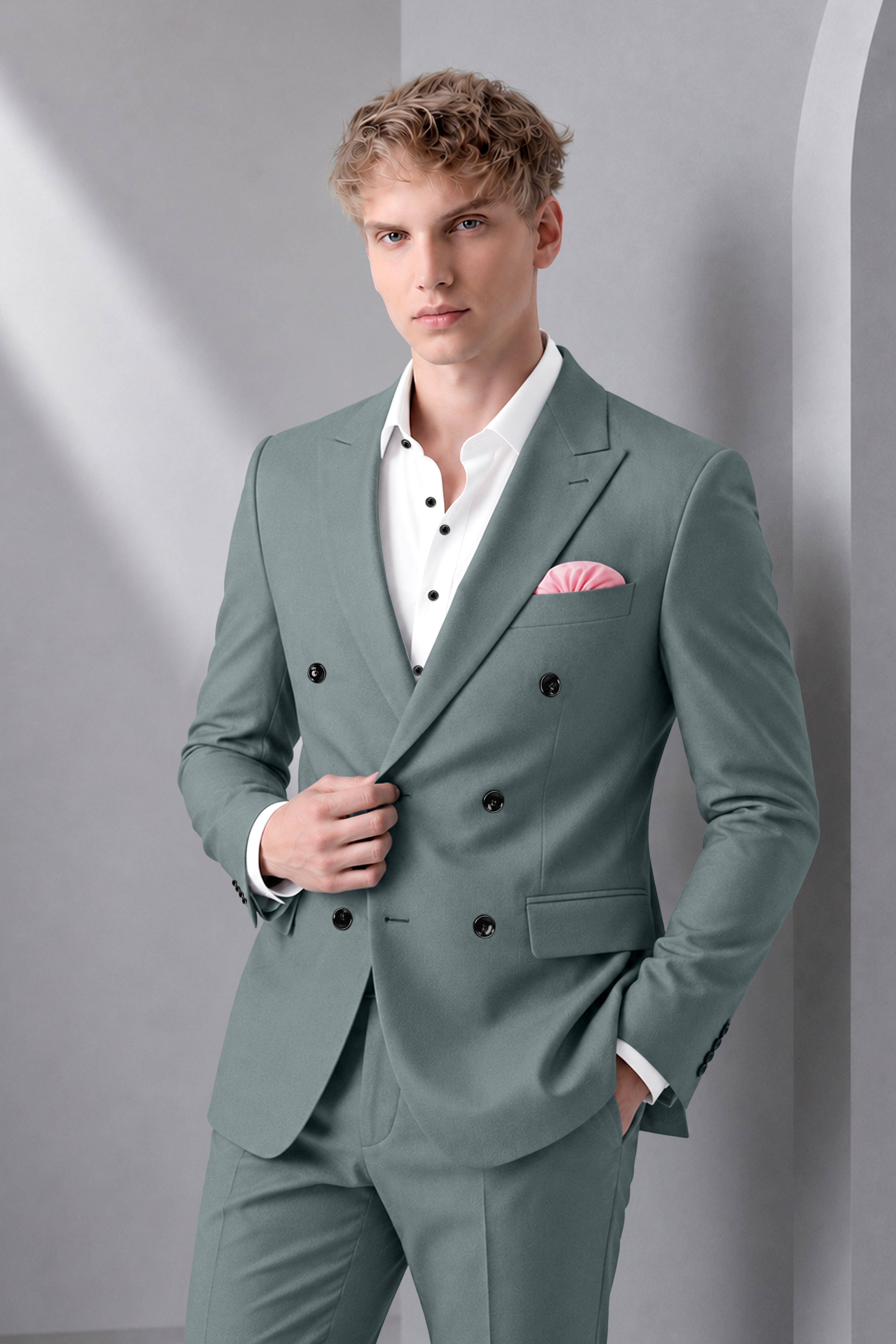 Verdant-Raven Green Wool Rich Slight Stretch Double Breasted Suit
