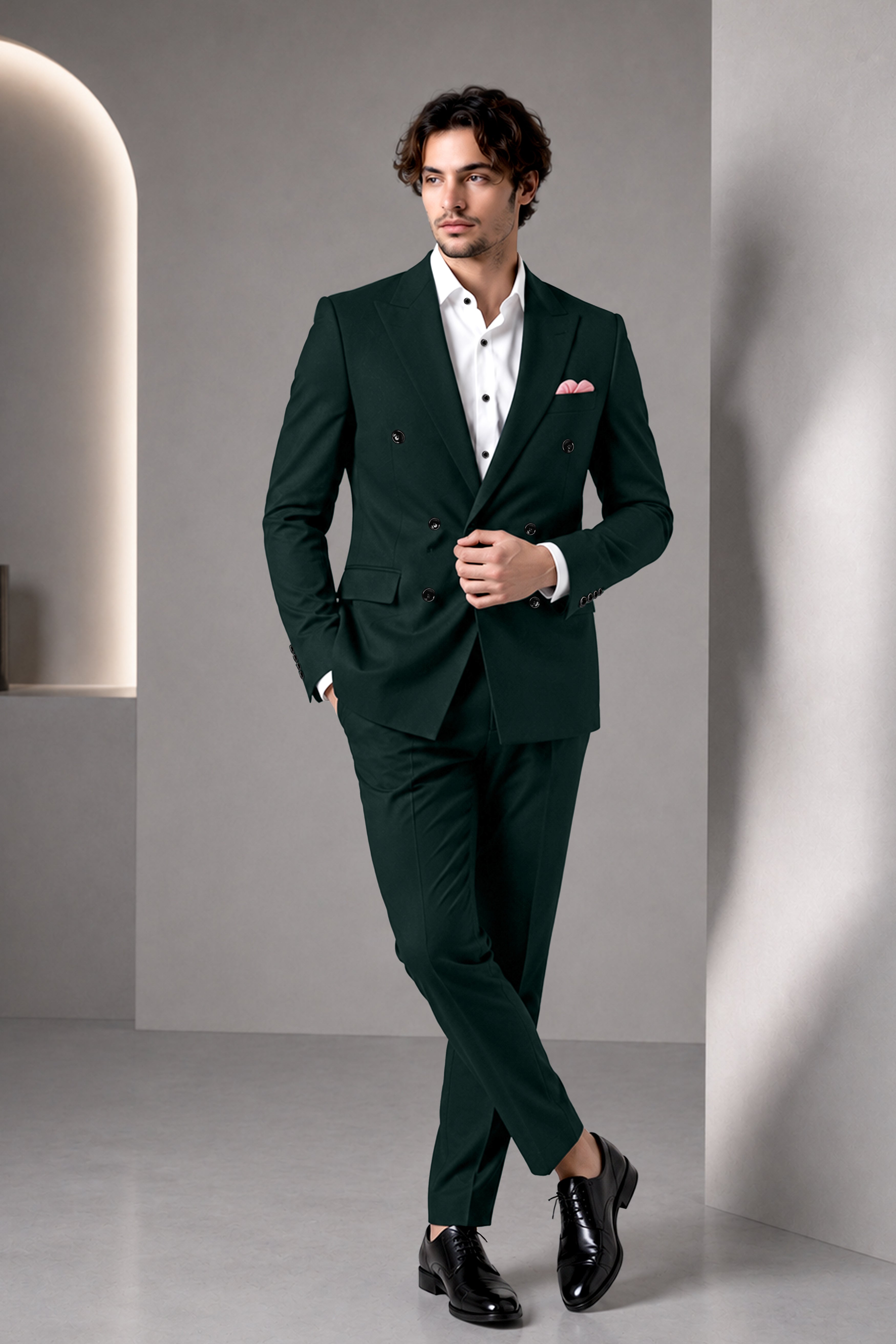 Lustre-Emerald Green Wool Rich Slight Stretch Double Breasted Suit