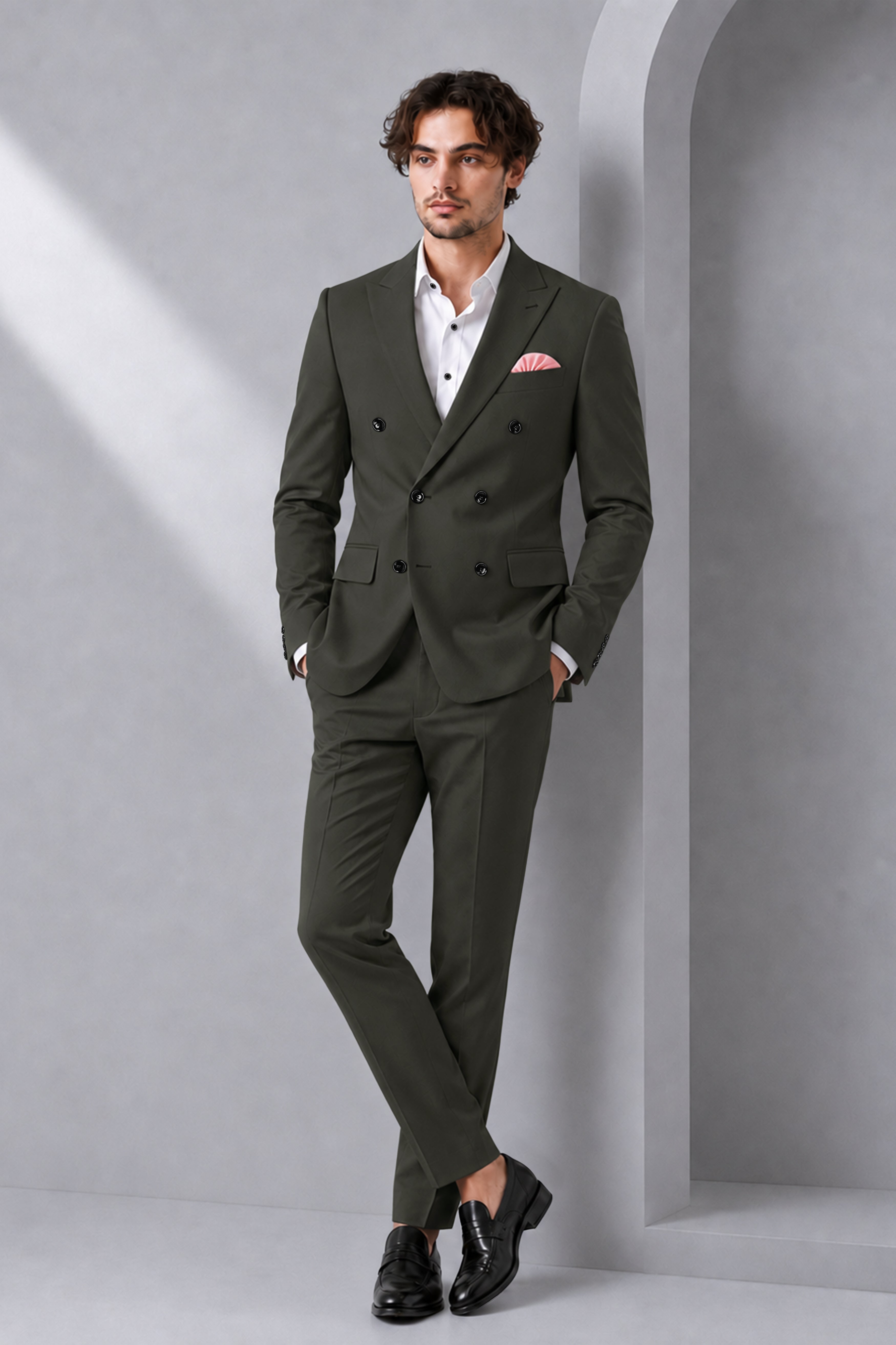 Apex-Piano Green Wool Rich Slight Stretch Double Breasted Suit