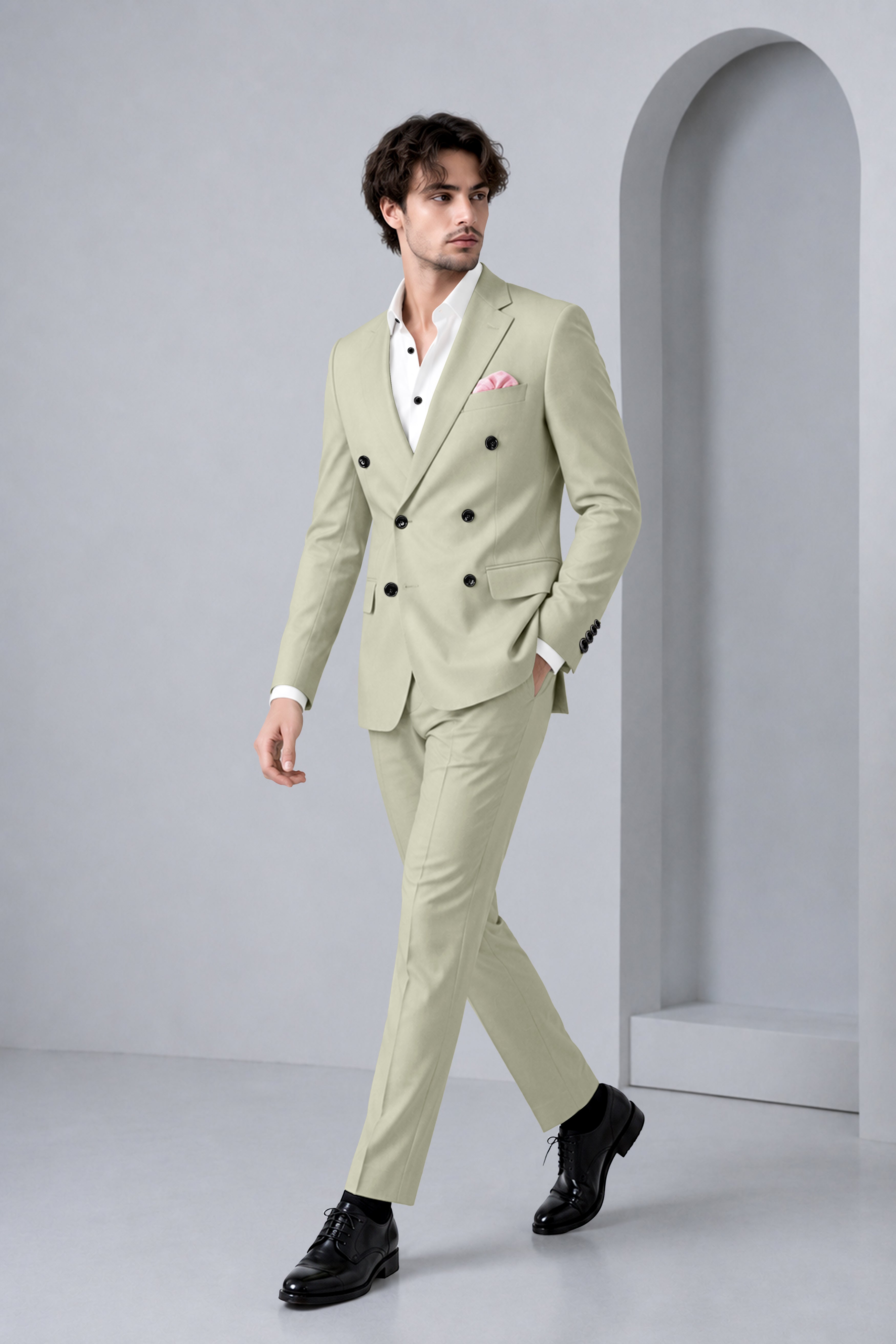 Verde-Tana Green Wool Rich Slight Stretch Double Breasted Suit