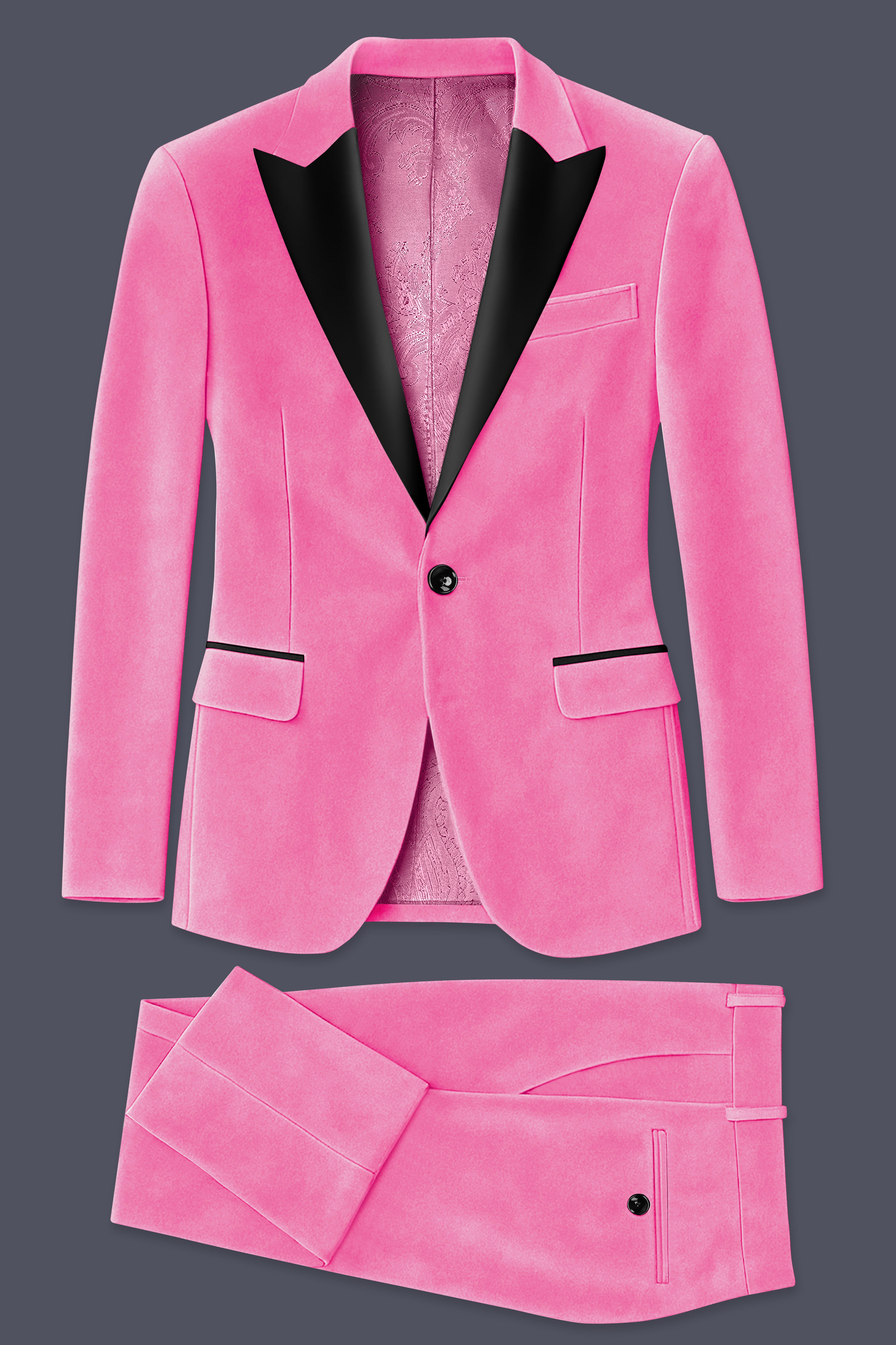 Veloura-Carissma Pink Velvet Peak Lapel Tuxedo Suit