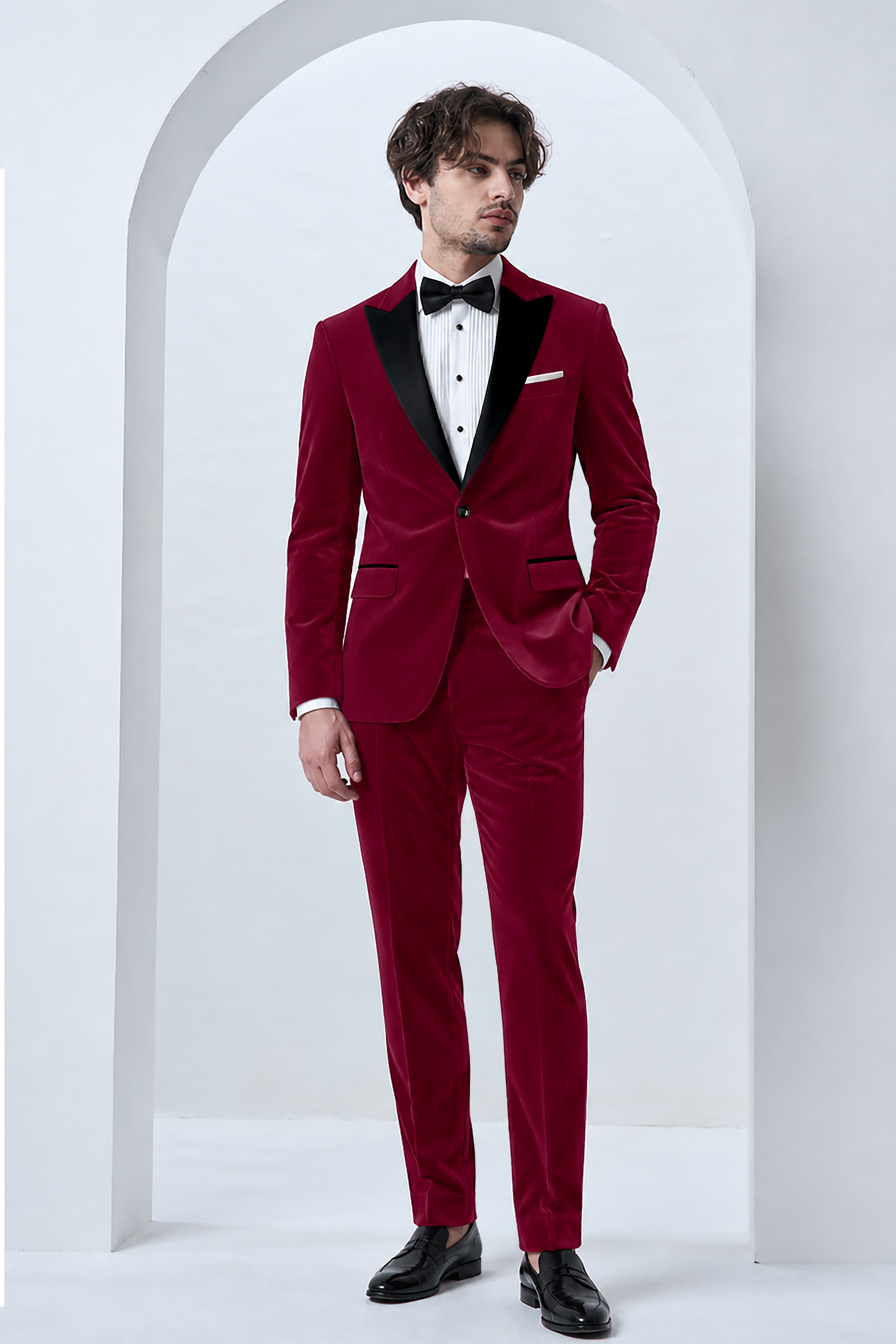 Amour-Scarlet Pink Velvet Peak Lapel Tuxedo Suit