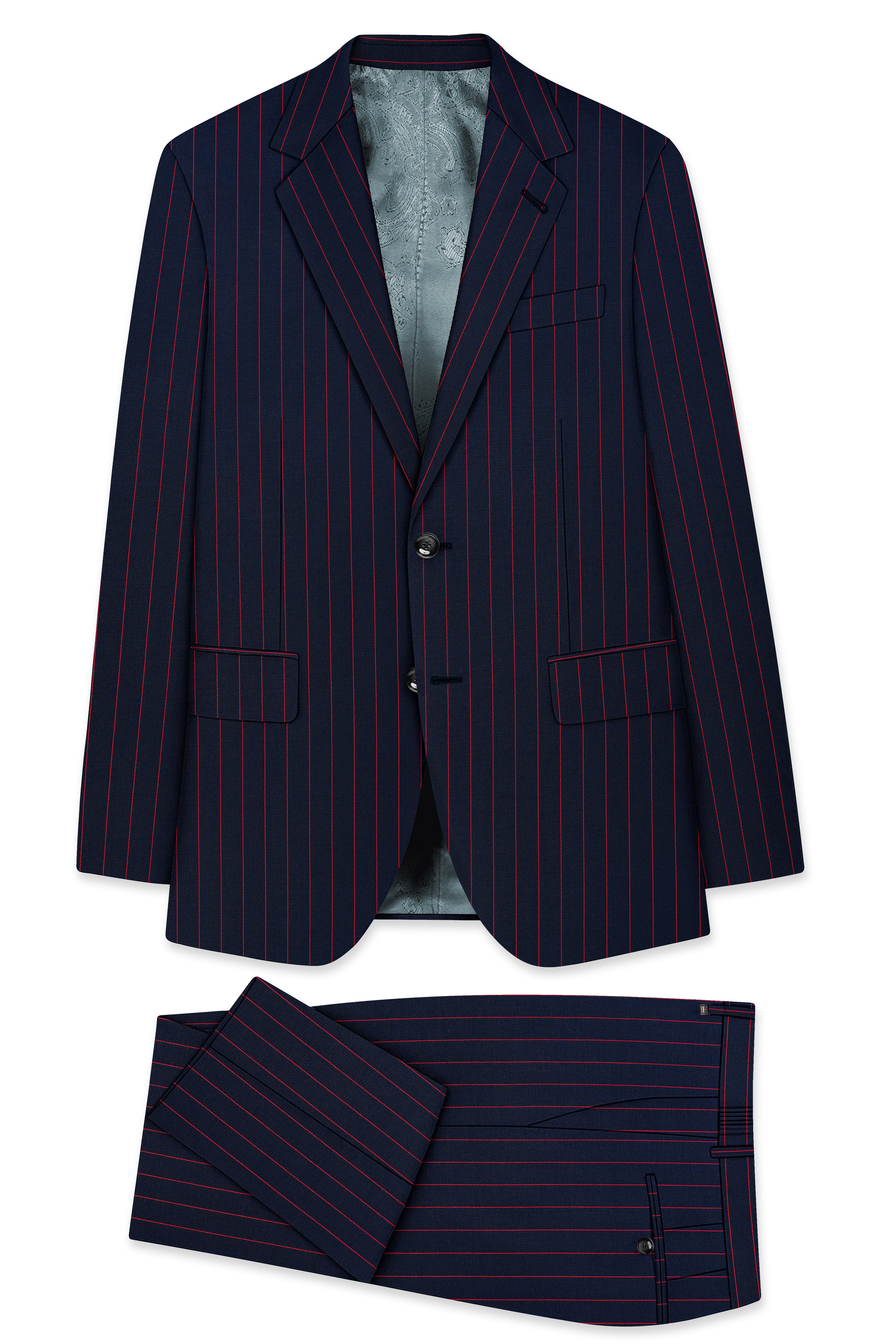 Striata-Haiti Blue And Brick Pink Chalk Striped Wool Rich Slight Stretch Single Breasted Suit