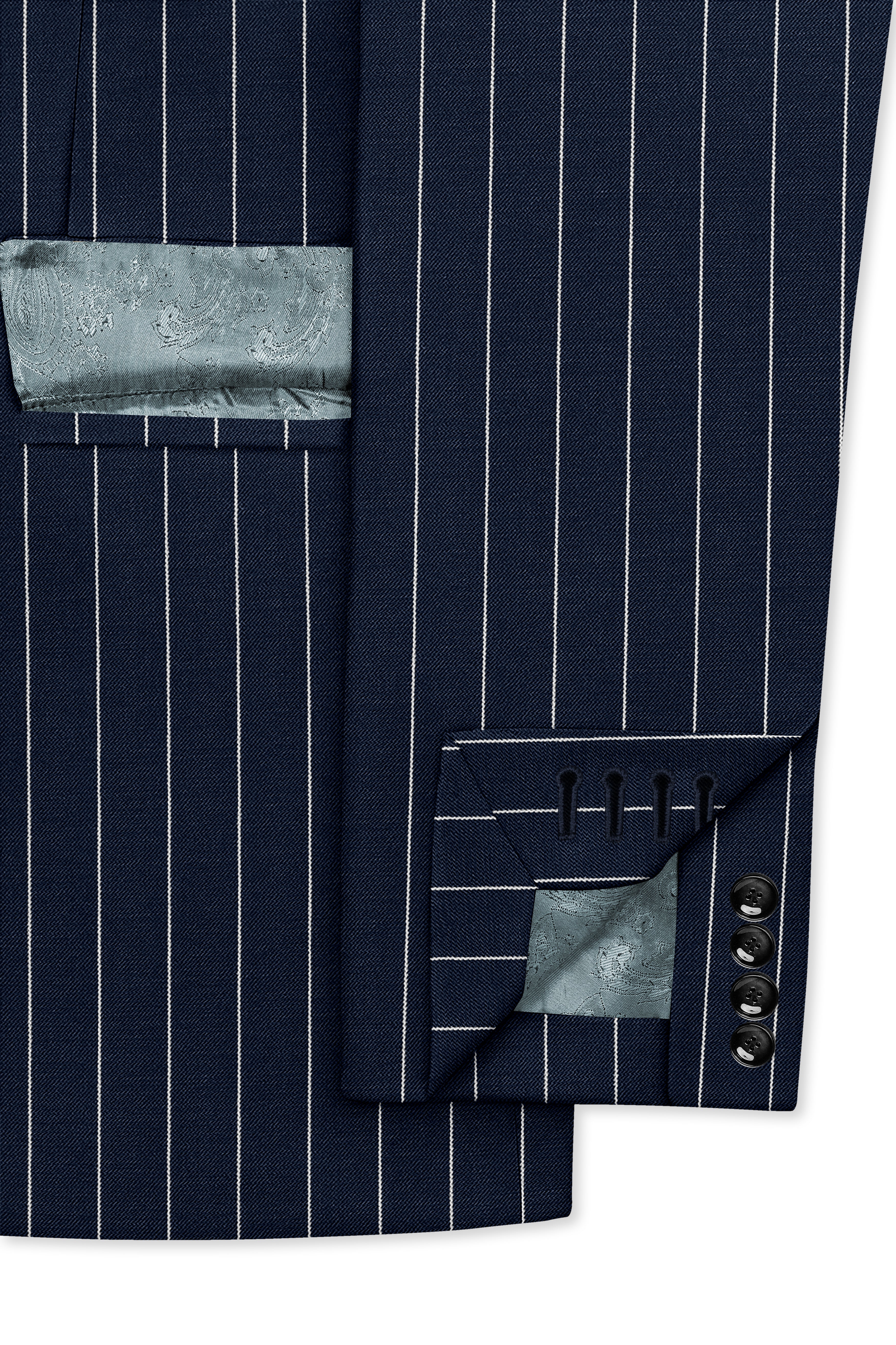 Azureon-Firefly Blue And Bright White Chalk Striped Wool Rich Slight Stretch Single Breasted Suit