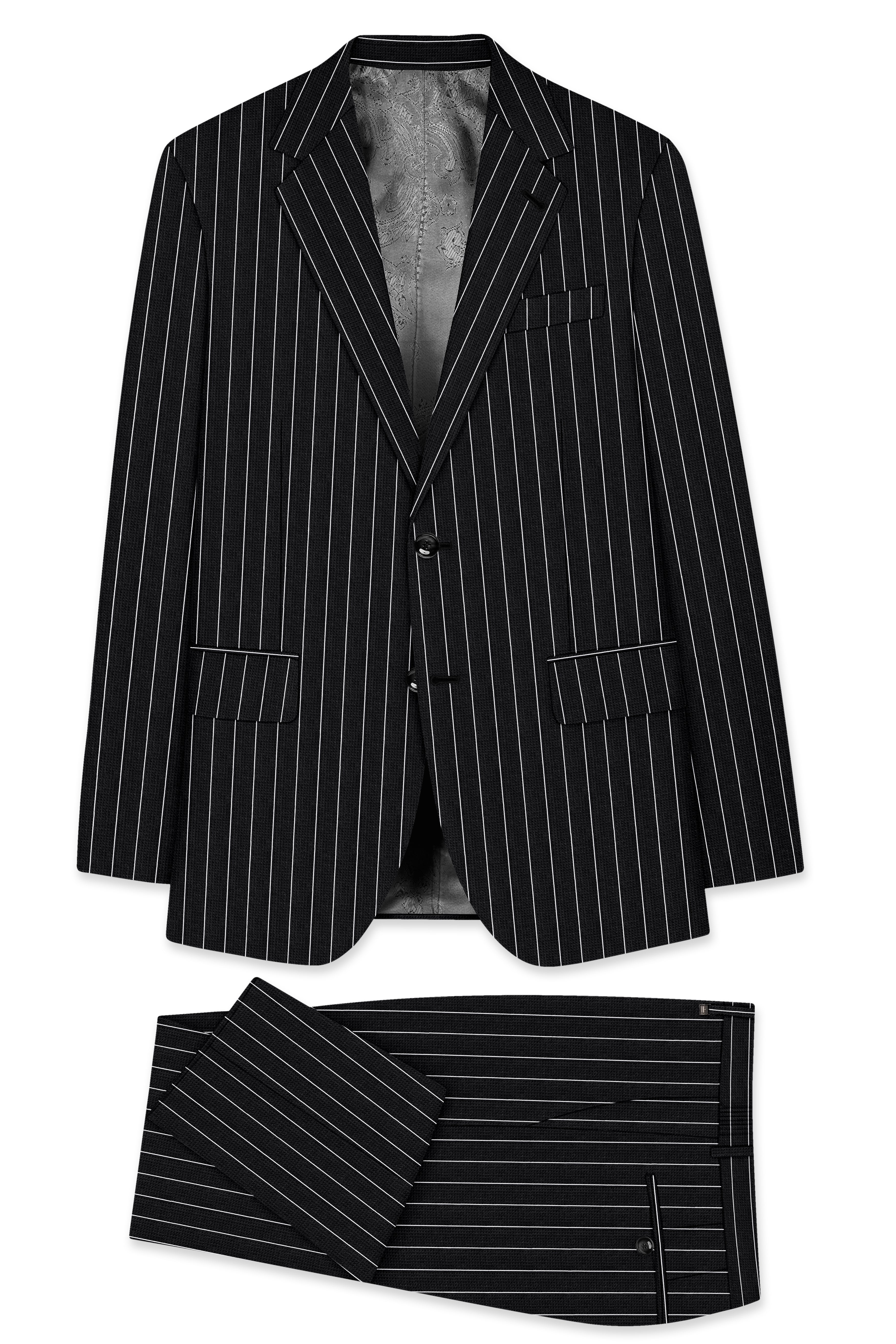 Viceroy-Jade Black And Bright White Chalk Striped Wool Rich Slight Stretch Single Breasted Suit