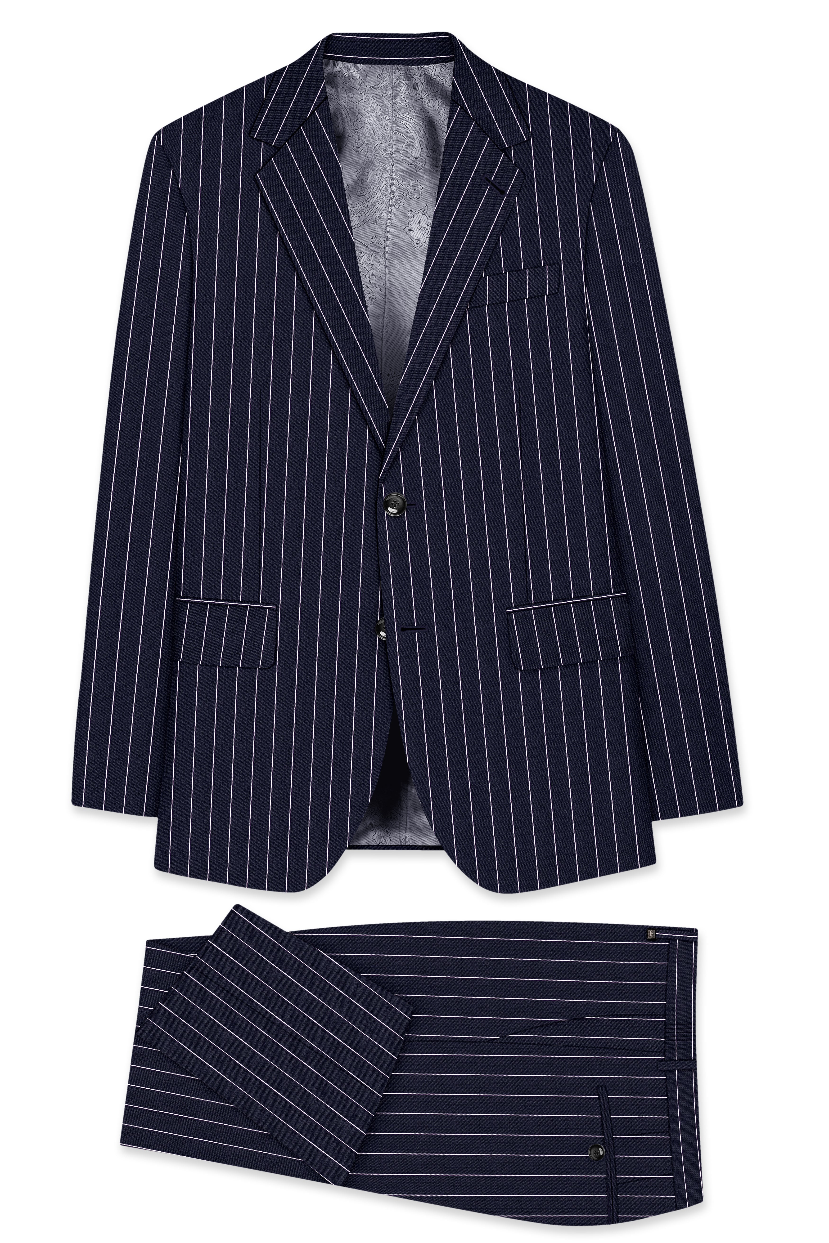 Regent-Ebony Blue And Bright White Chalk Striped Wool Rich Slight Stretch Single Breasted Suit