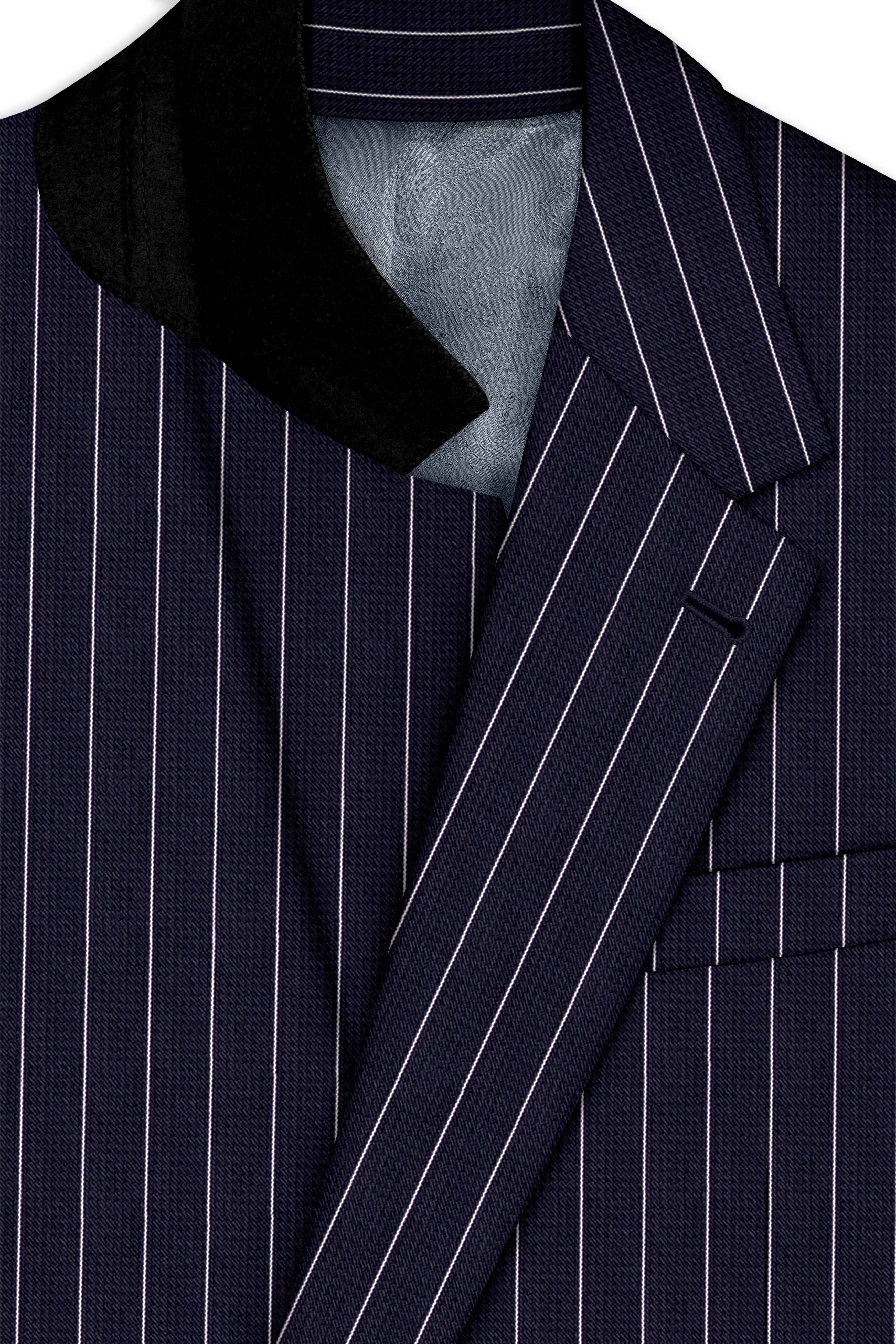 Regent-Ebony Blue And Bright White Chalk Striped Wool Rich Slight Stretch Single Breasted Suit