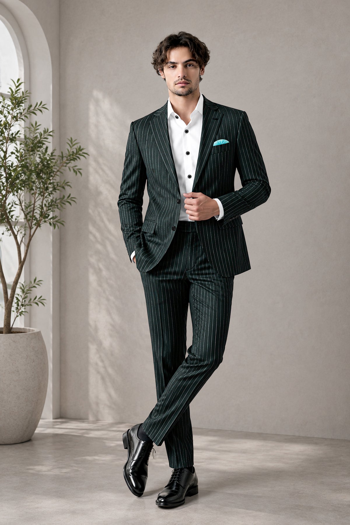 Viceroy-Hunter Green And Bright White Chalk Striped Wool Rich Slight Stretch Single Breasted Suit