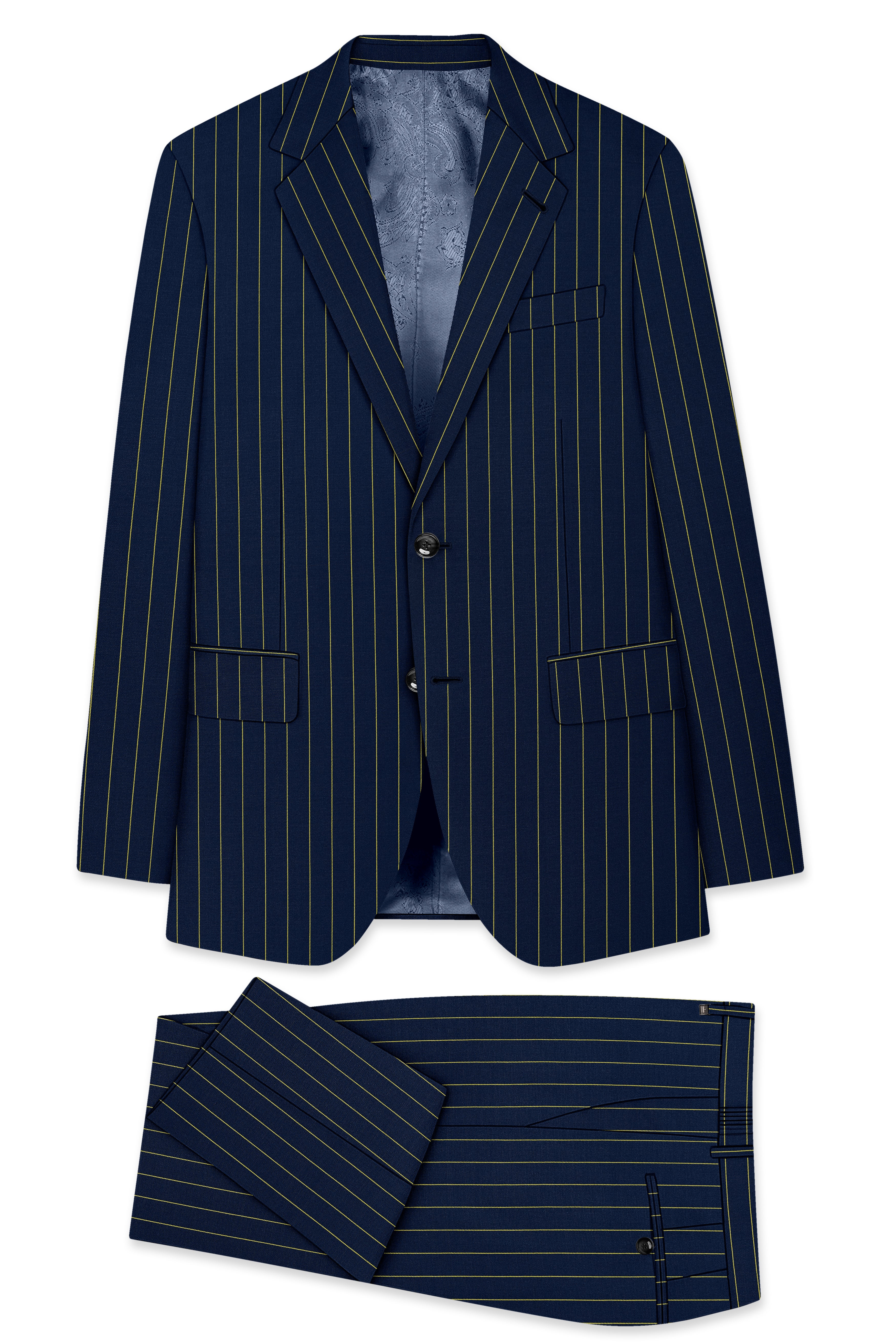 Aurum-Midnight Blue And Harvest Yellow Chalk Striped Wool Rich Slight Stretch Single Breasted Suit