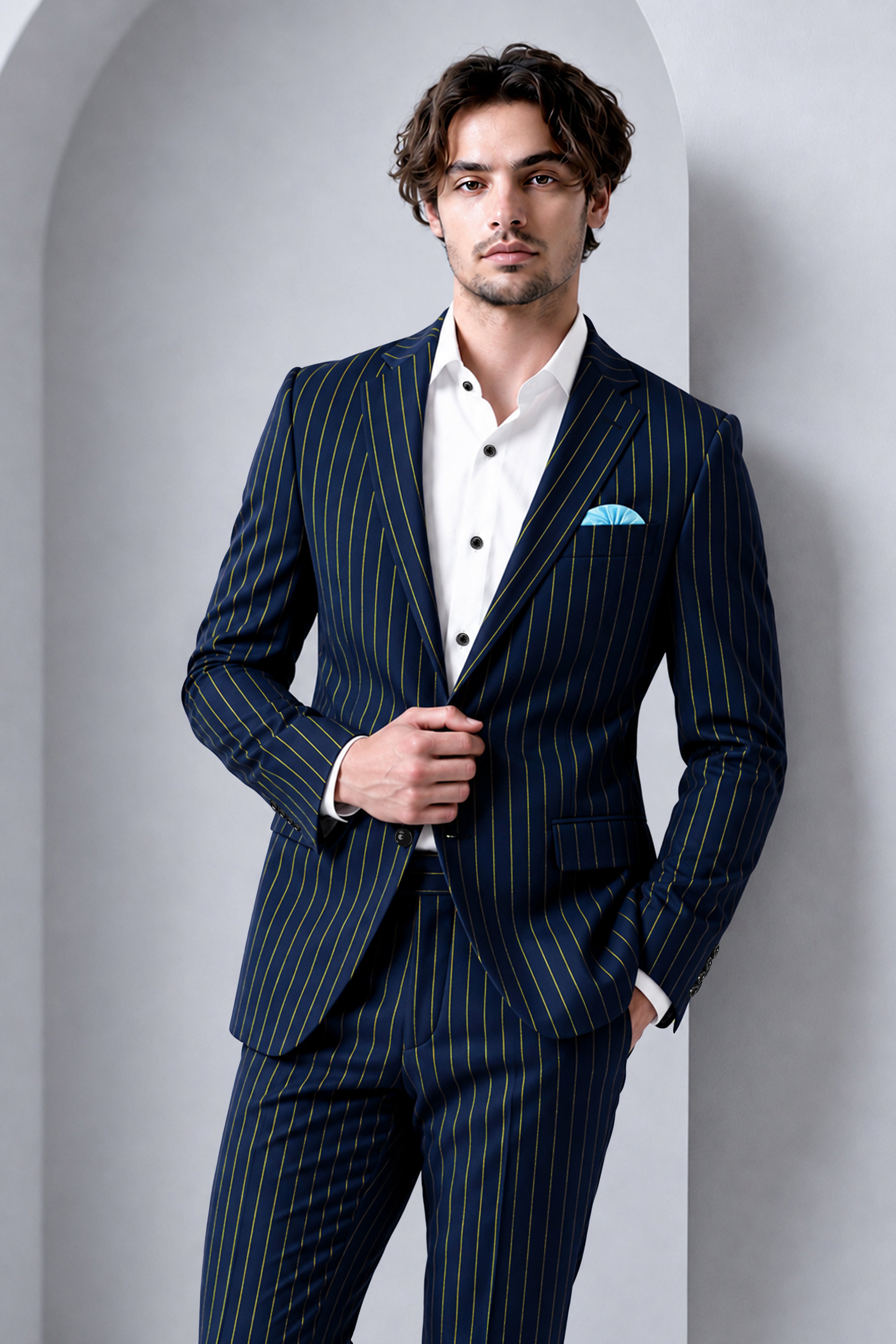 Aurum-Midnight Blue And Harvest Yellow Chalk Striped Wool Rich Slight Stretch Single Breasted Suit