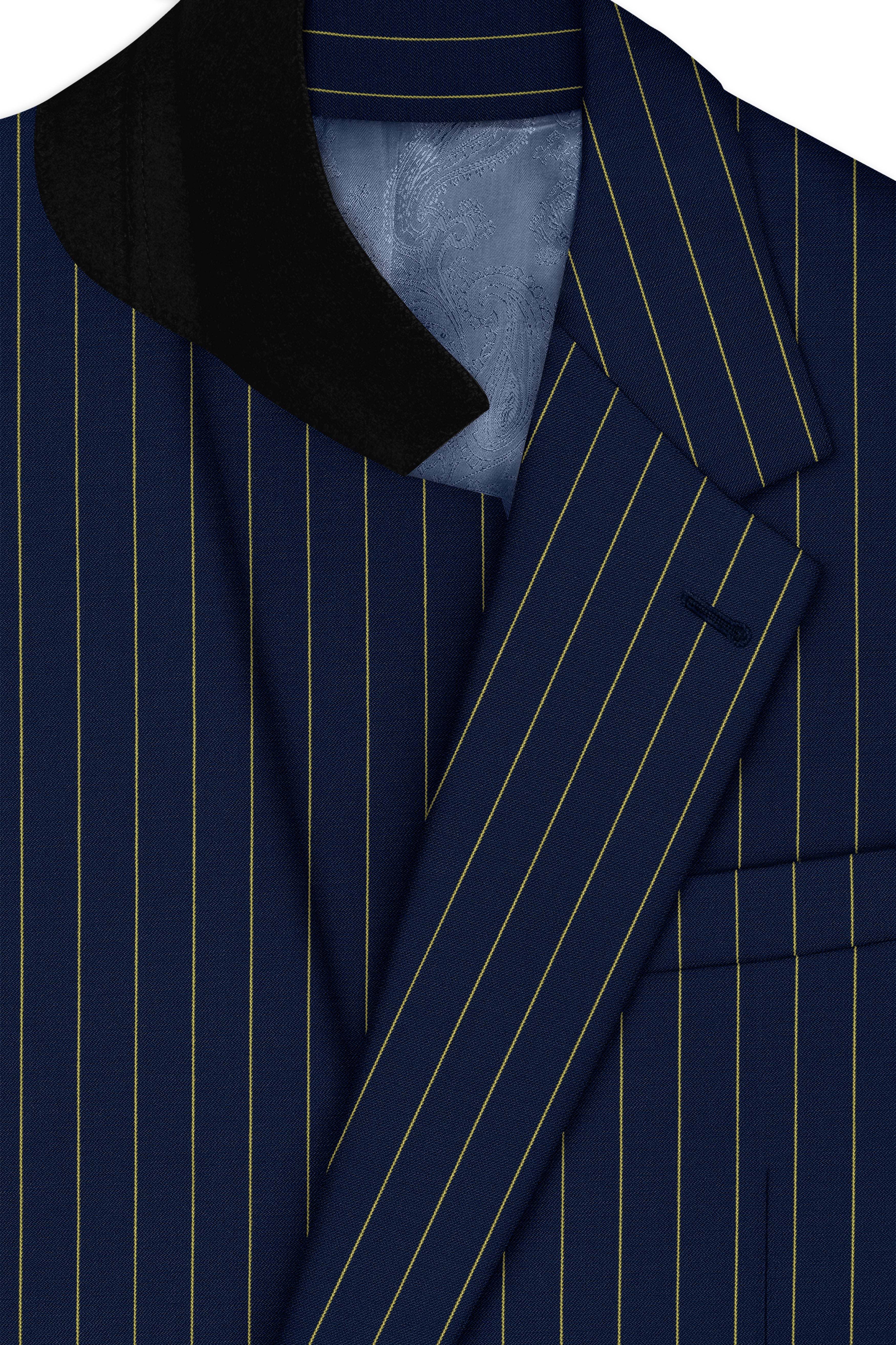 Aurum-Midnight Blue And Harvest Yellow Chalk Striped Wool Rich Slight Stretch Single Breasted Suit