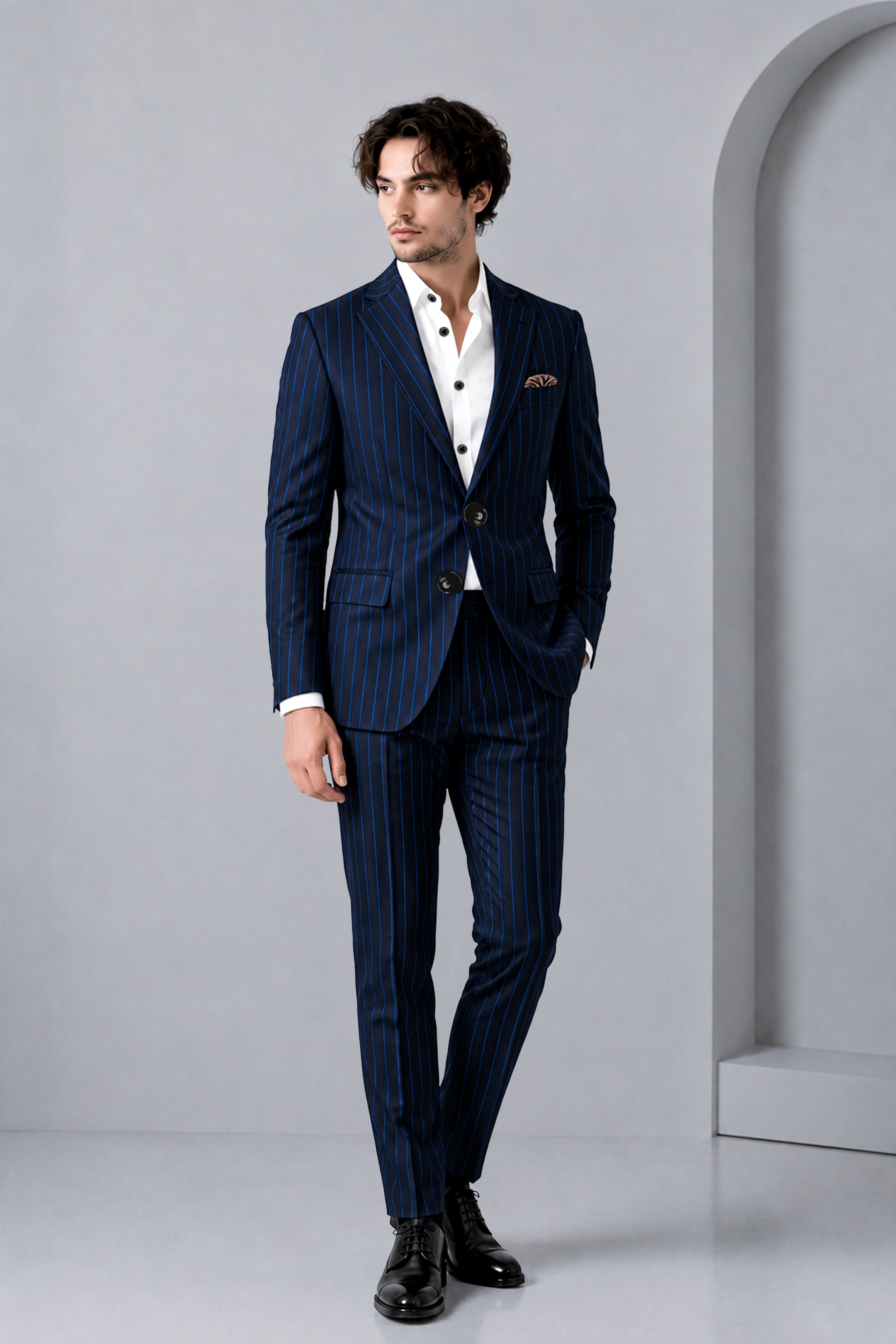 Strivon-Tealish Blue Chalk Striped Wool Rich Slight Stretch Single Breasted Suit