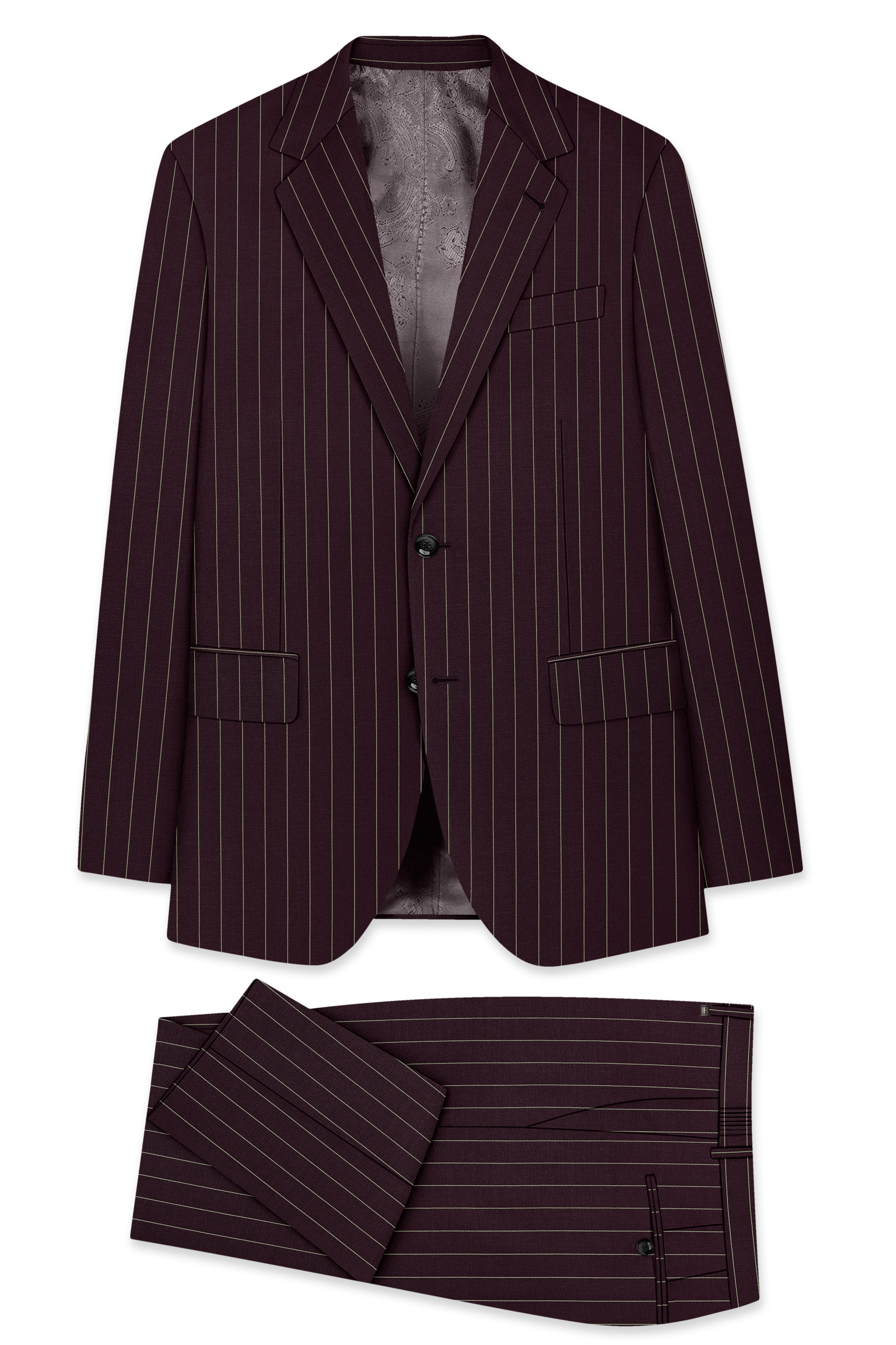 Valiant-Seal Maroon And Bright White Chalk Striped Wool Rich Slight Stretch Single Breasted Suit