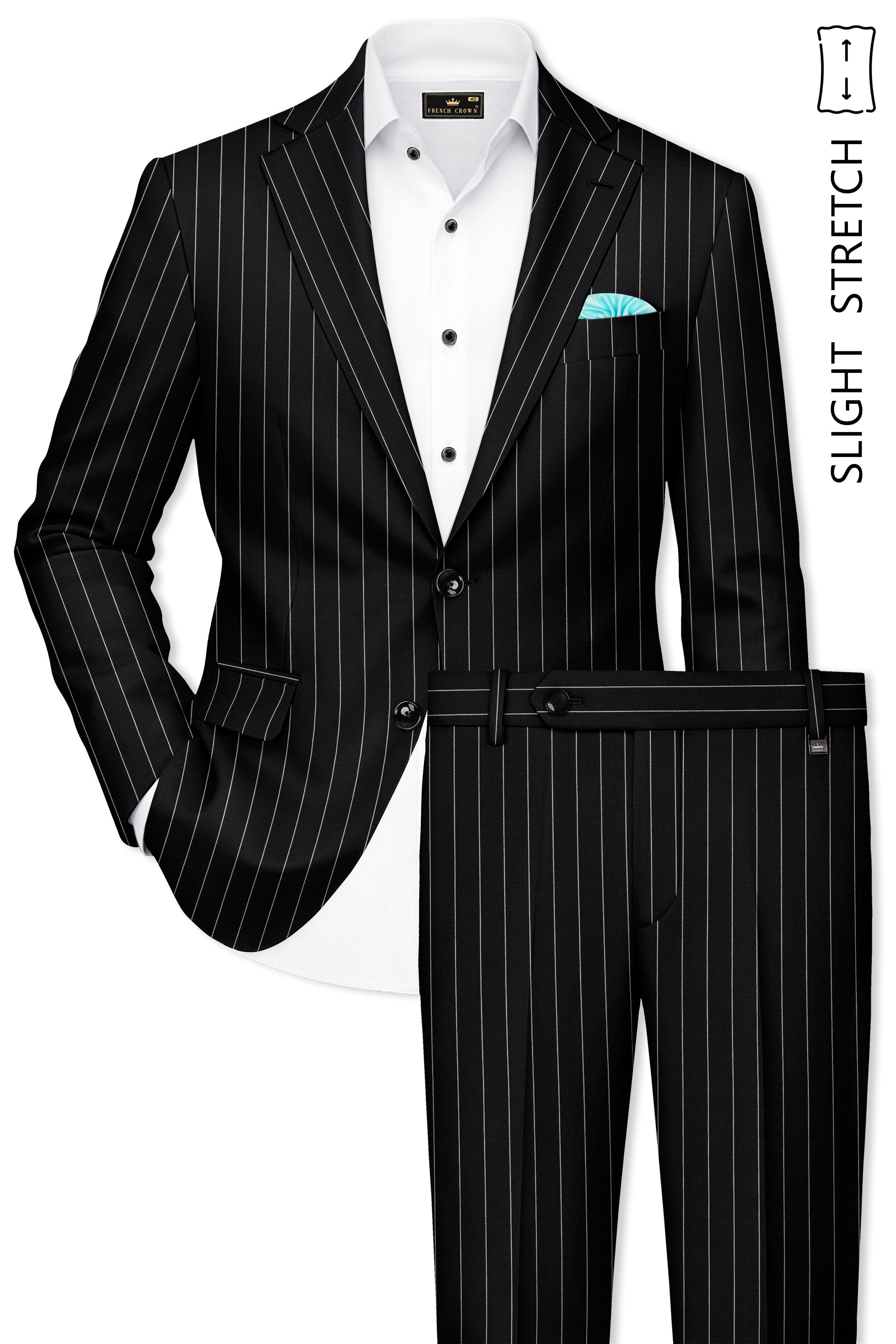 Veritas-Jade Black And Bright White Pin Striped Wool Rich Slight Stretch Single Breasted Suit