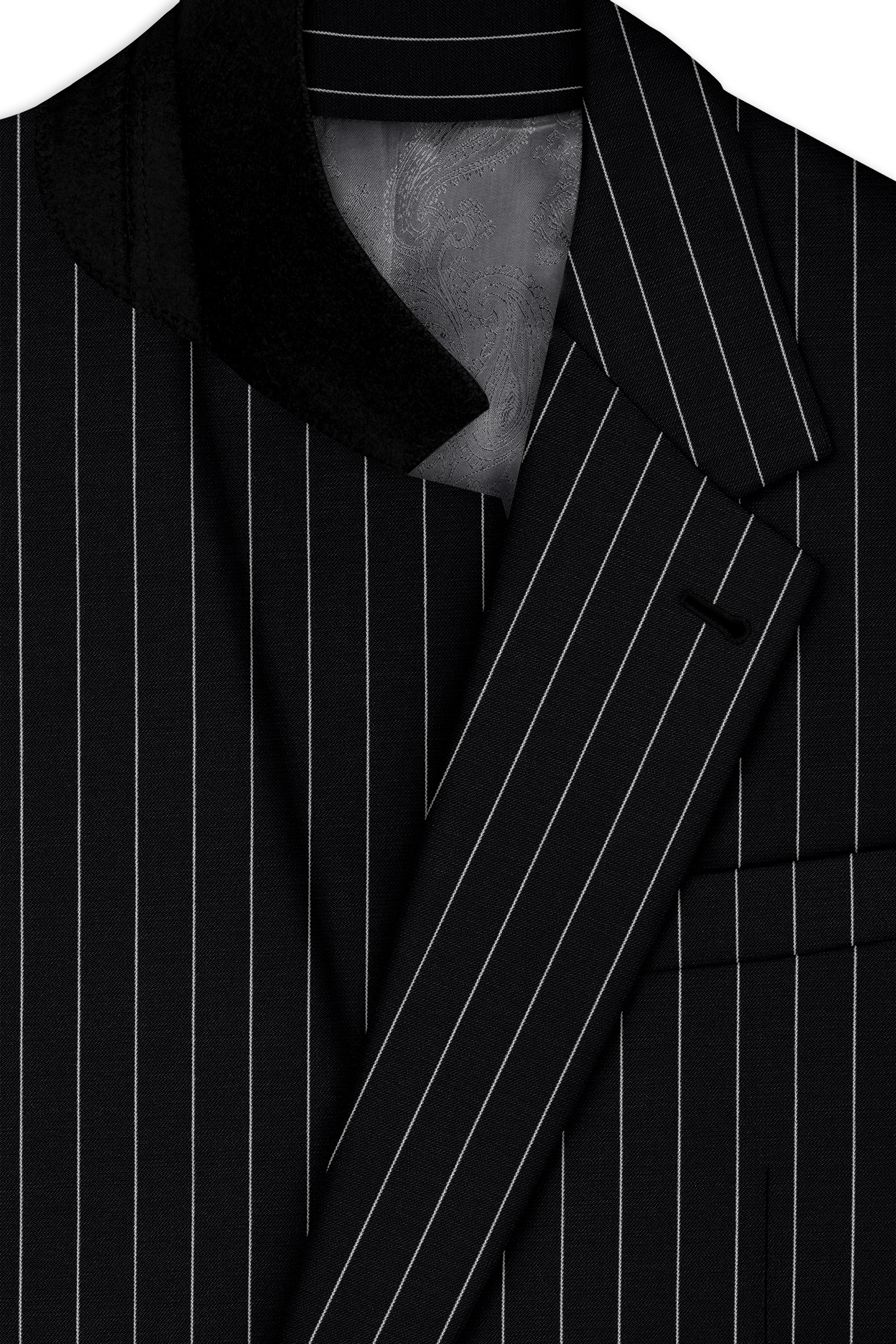Veritas-Jade Black And Bright White Pin Striped Wool Rich Slight Stretch Single Breasted Suit