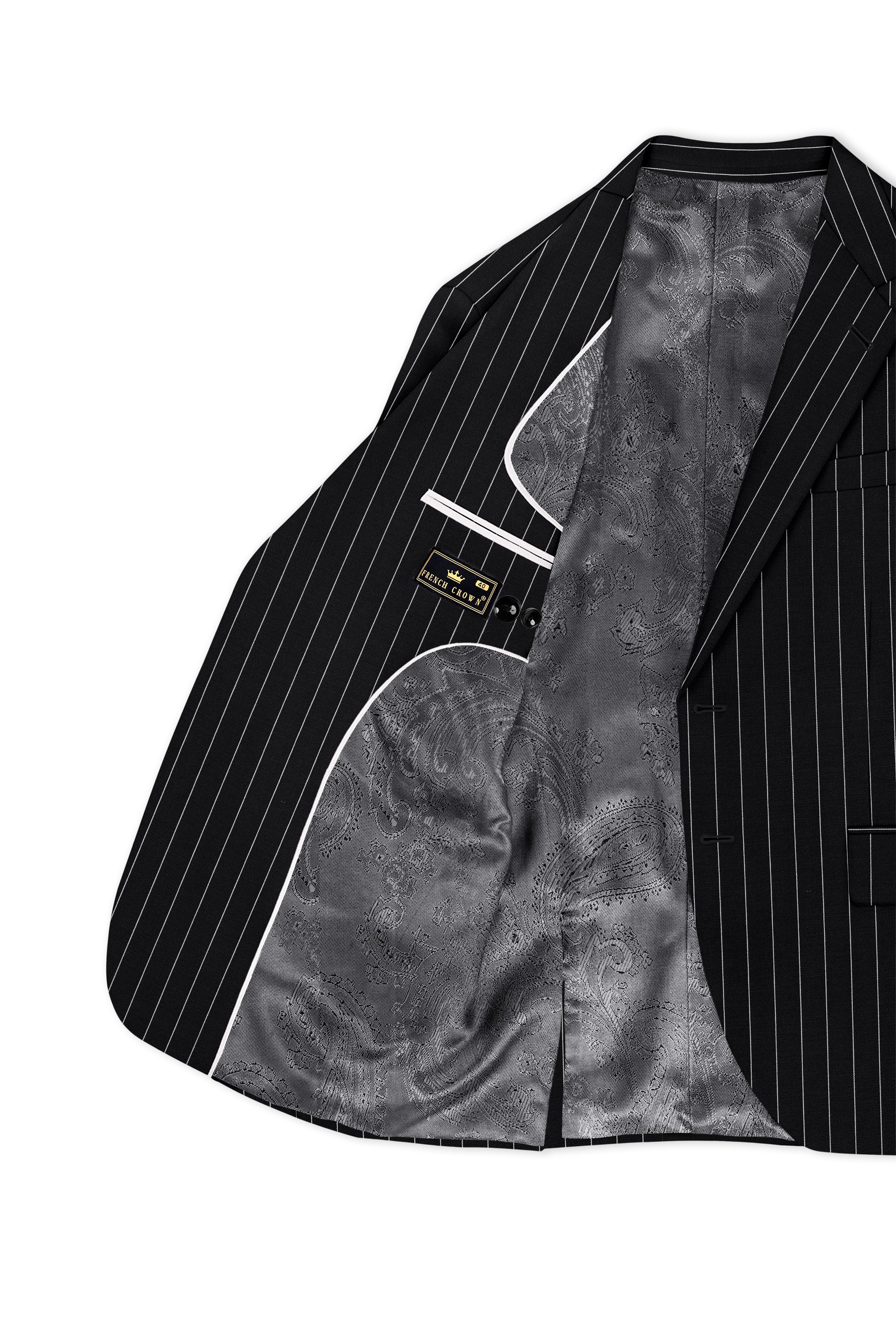 Veritas-Jade Black And Bright White Pin Striped Wool Rich Slight Stretch Single Breasted Suit