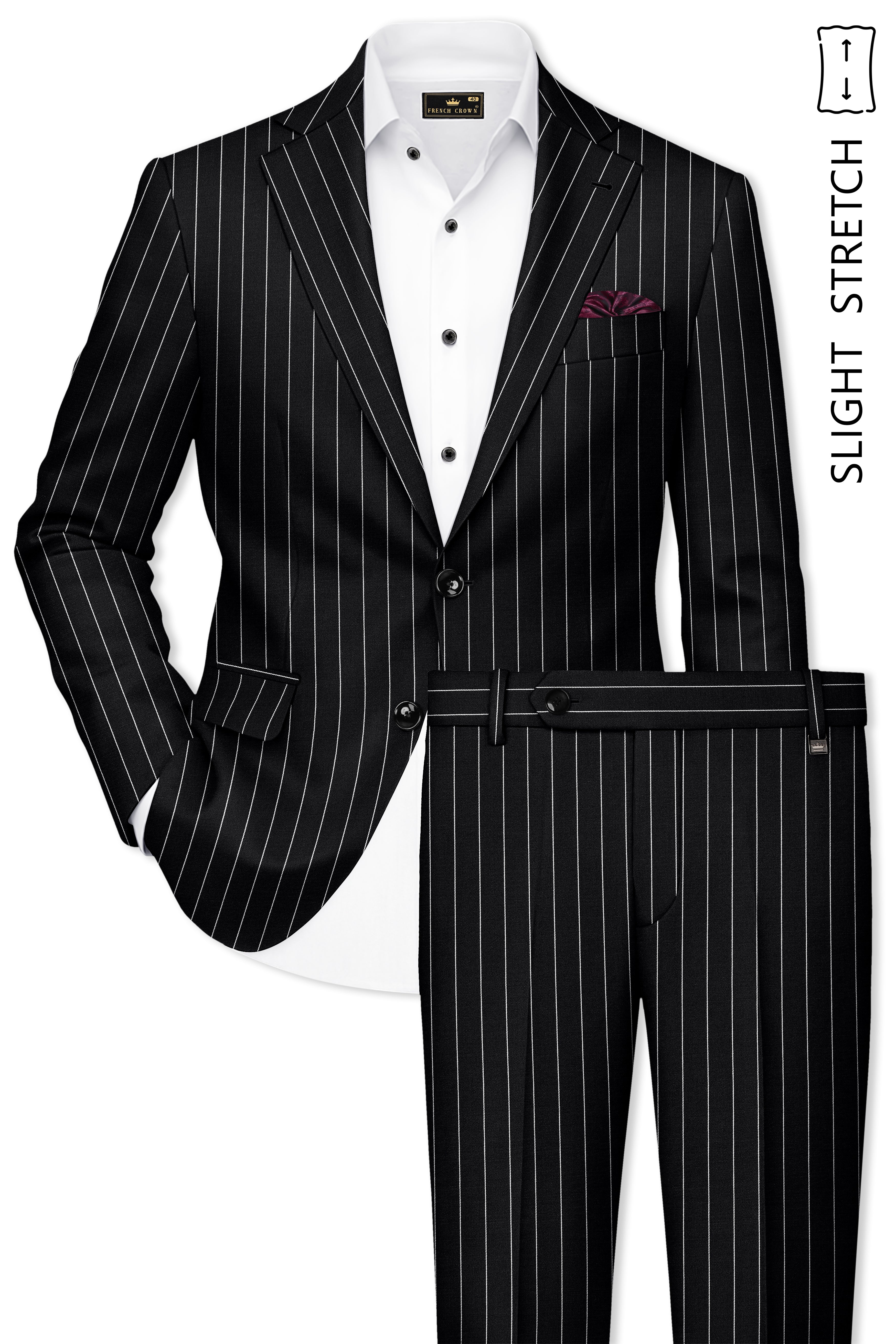 Noirline-Jade Black And Bright White Awning Striped Wool Rich Slight Stretch Single Breasted Suit