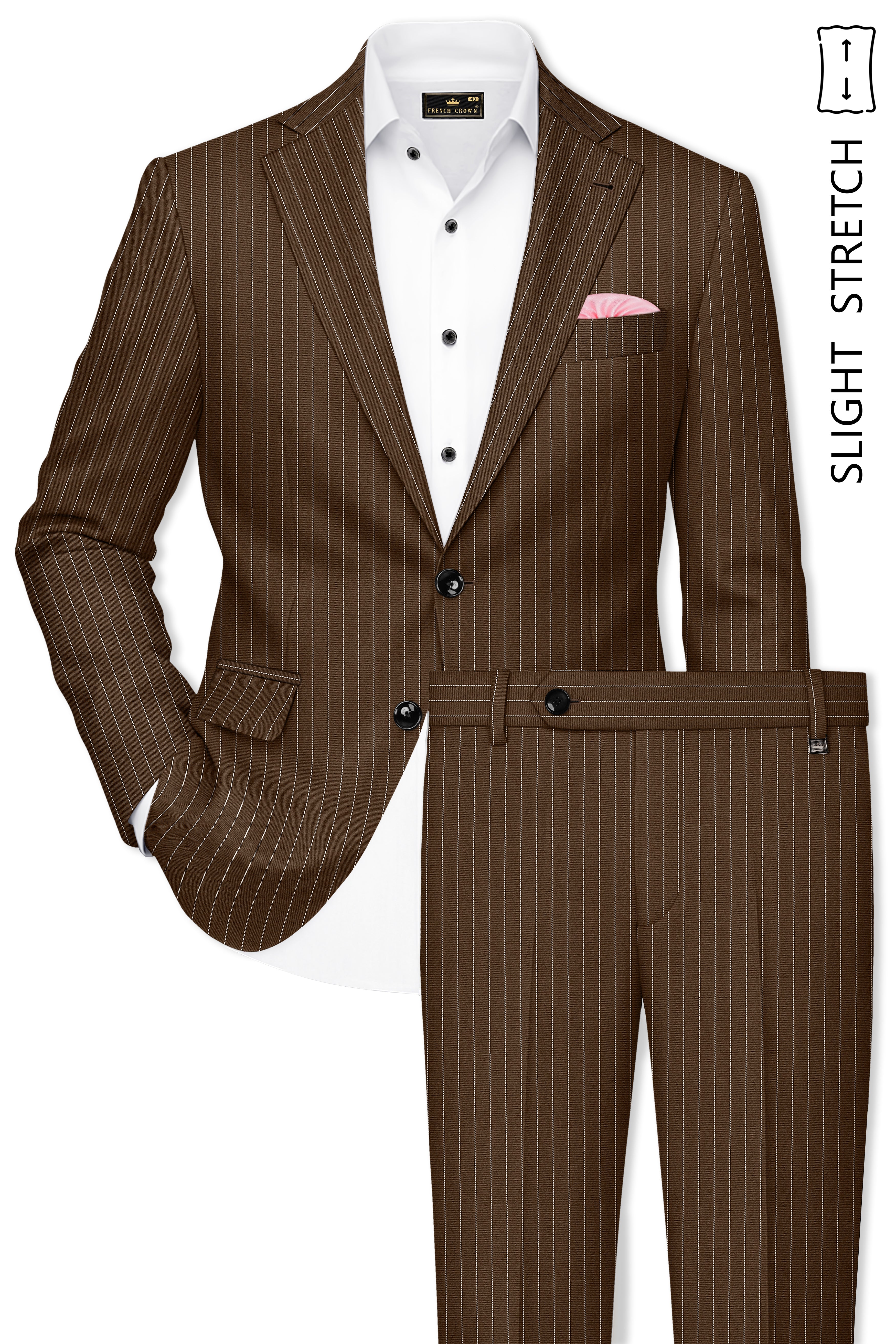Bristol-Iroko Brown And Bright White Chalk Striped Wool Rich Slight Stretch Single Breasted Suit