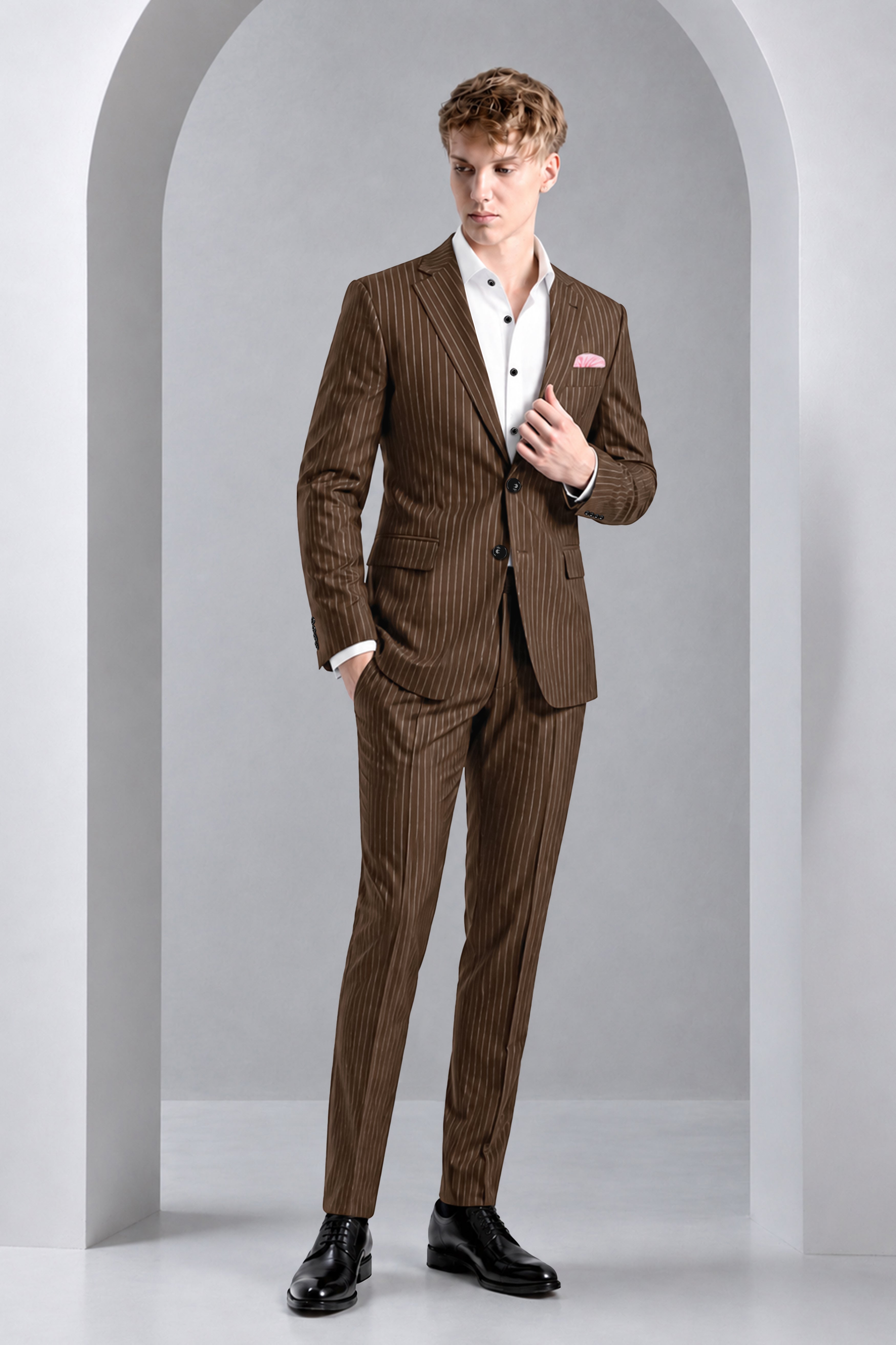 Bristol-Iroko Brown And Bright White Chalk Striped Wool Rich Slight Stretch Single Breasted Suit