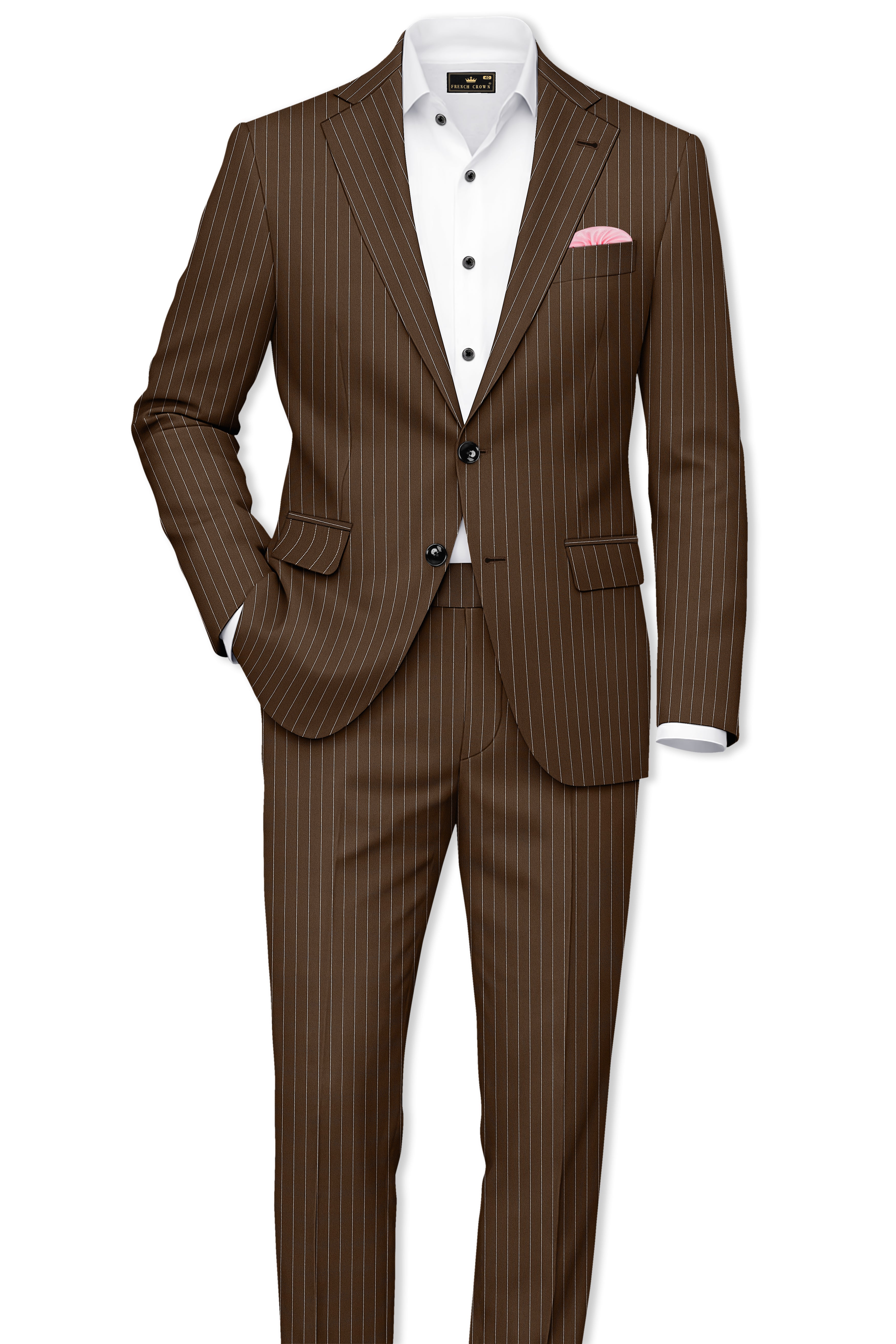 Bristol-Iroko Brown And Bright White Chalk Striped Wool Rich Slight Stretch Single Breasted Suit